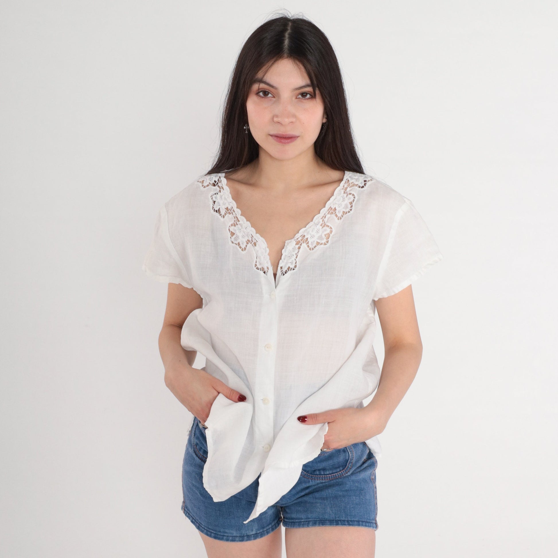 90s White Floral Cutout Ramie Blouse Short Sleeve Button Up Medium M