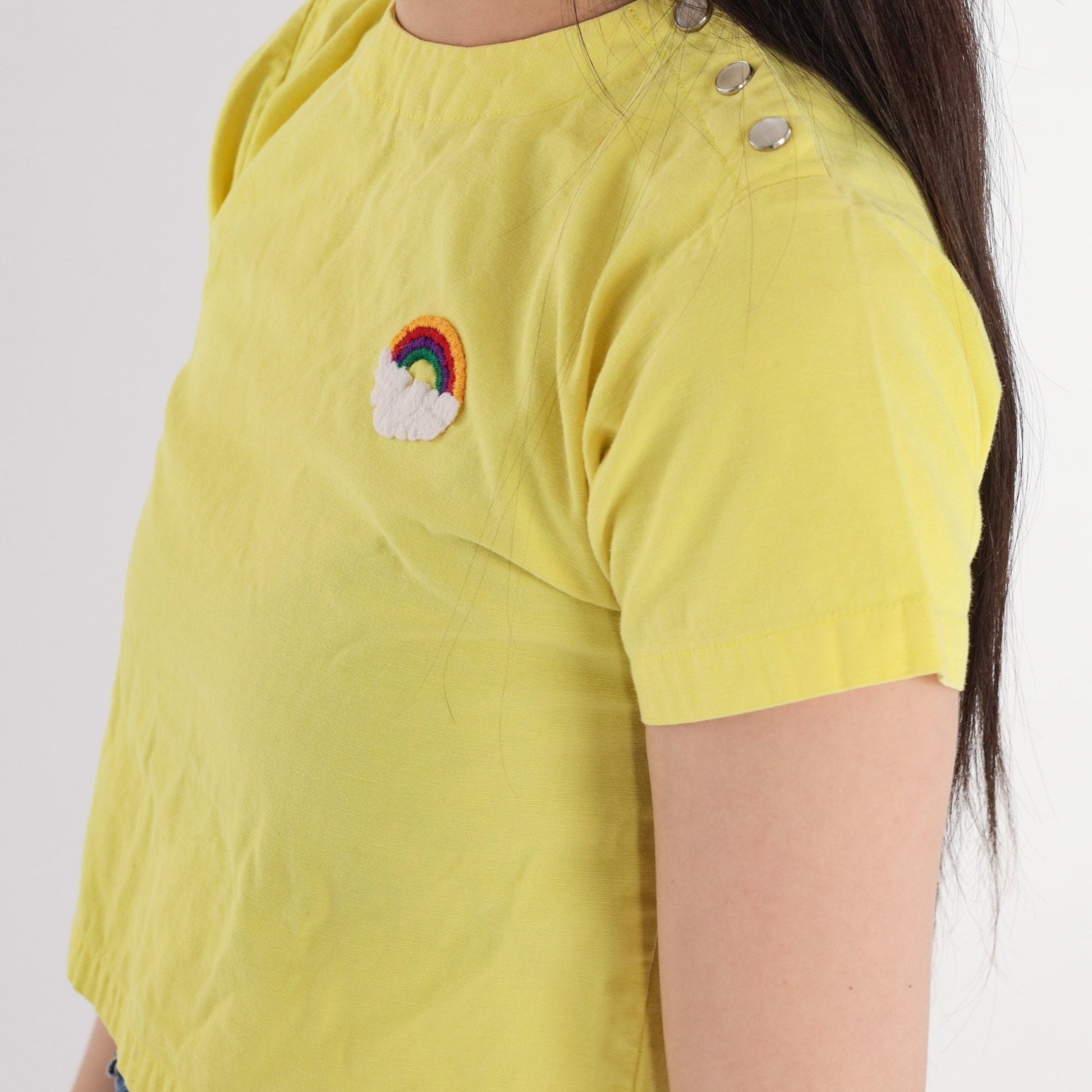 70s Yellow Crop Top Rainbow Patch Pearl Snap Shoulders XXS