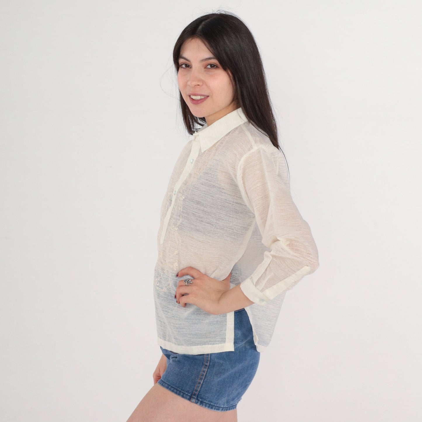 70s Floral Embroidered Cream Blouse Collared Half-Button 3/4 Sleeve Small