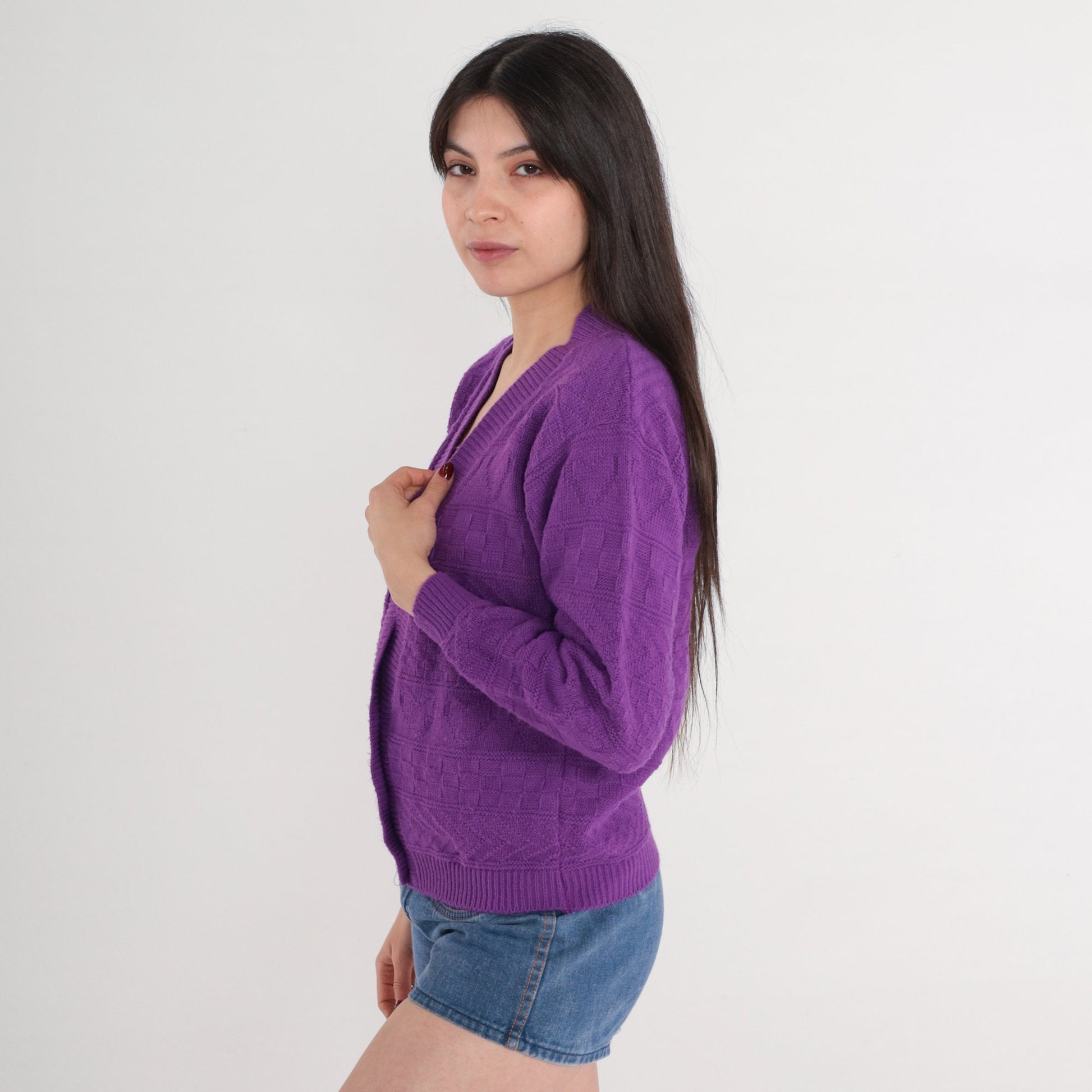 80s Purple Cardigan Textured Knit Button-Up Sweater Heart Chevron Small