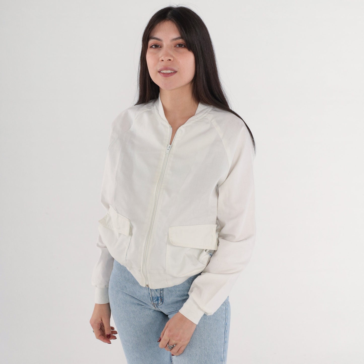 70s White Bomber Jacket Raglan Sleeve Zip Front Small