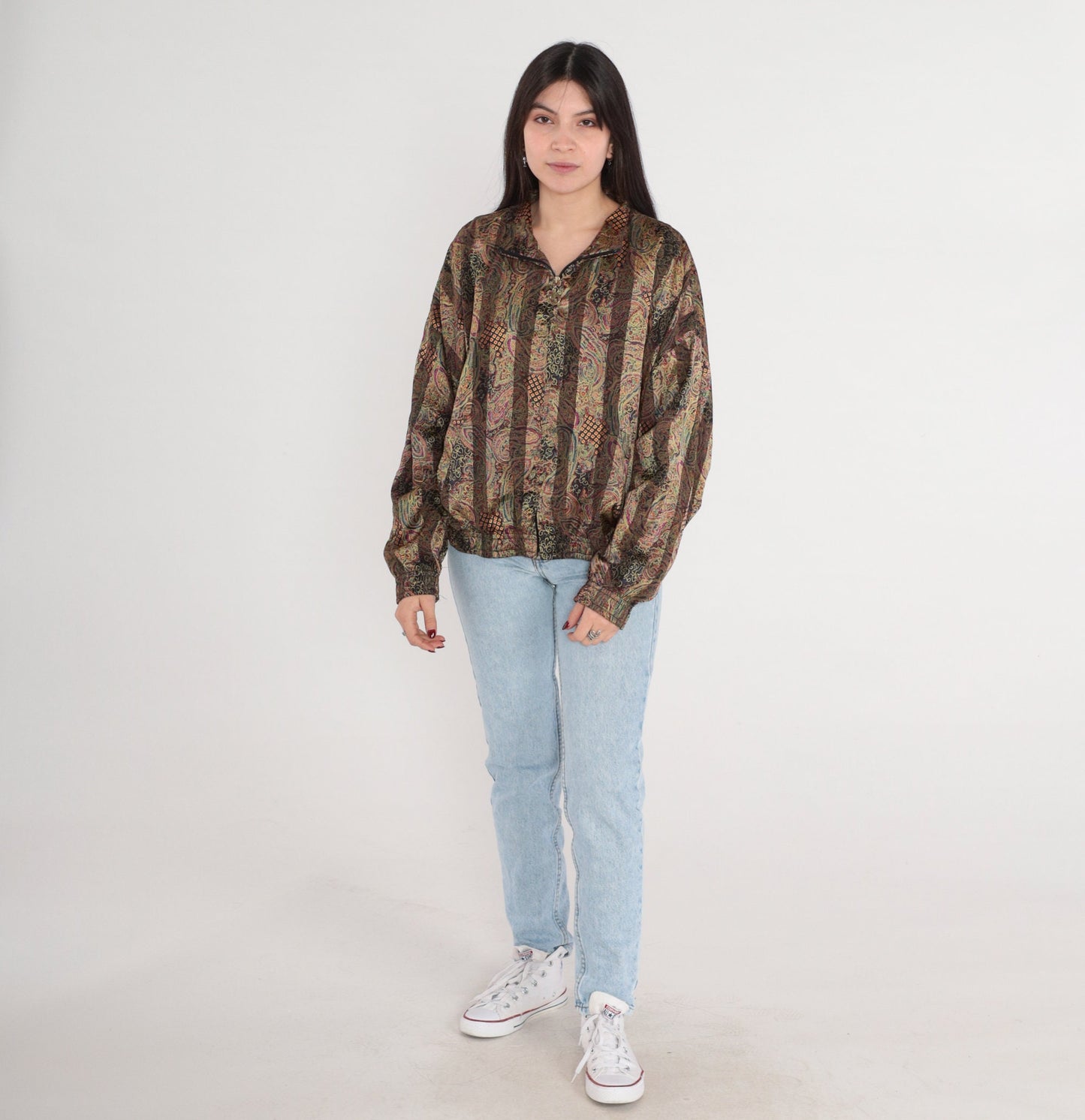 90s Paisley Striped Bomber Jacket Heart Zipper Windbreaker Medium M