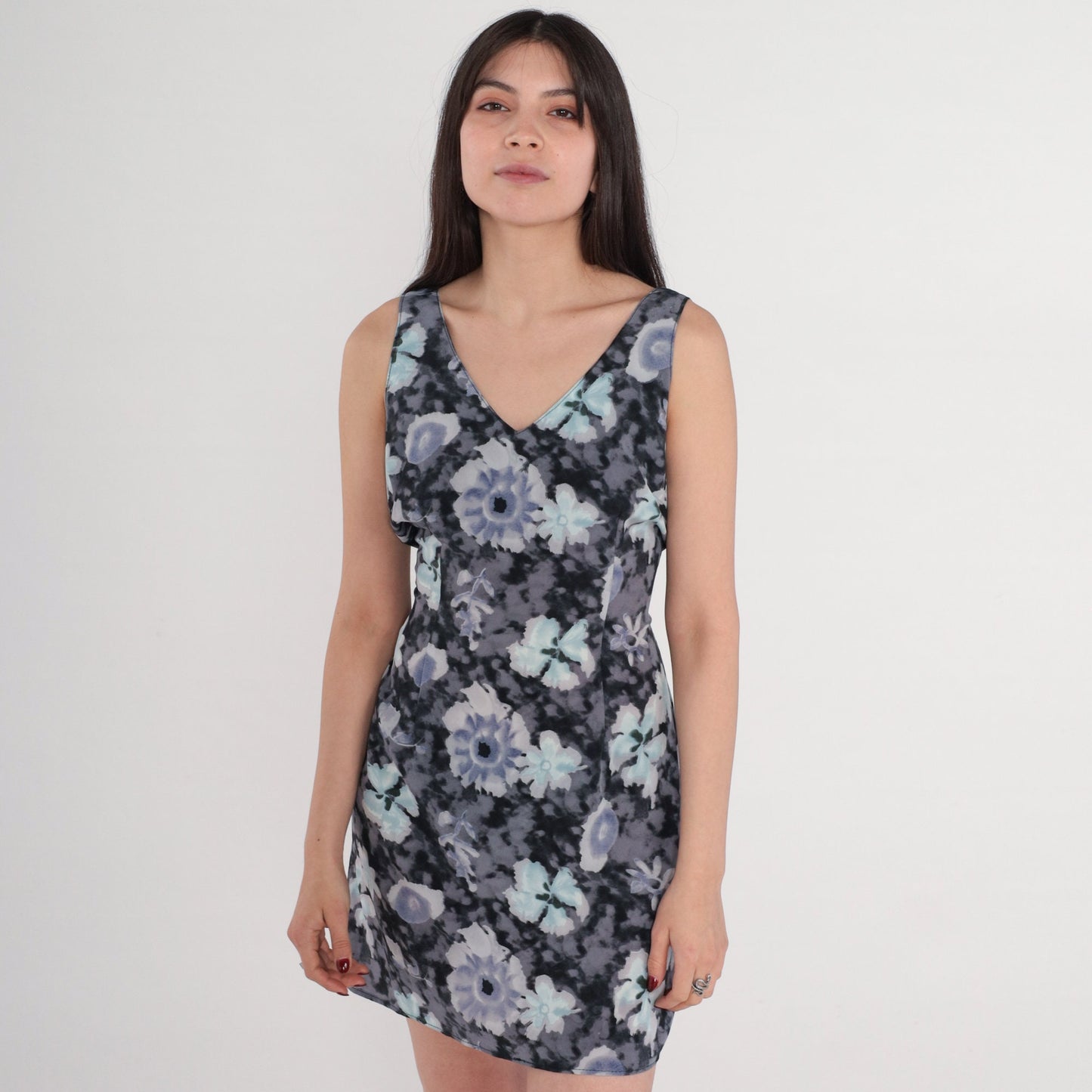 90s Tie Dye Floral Mini Dress Black Grey Purple Cloud Print V Neck Small