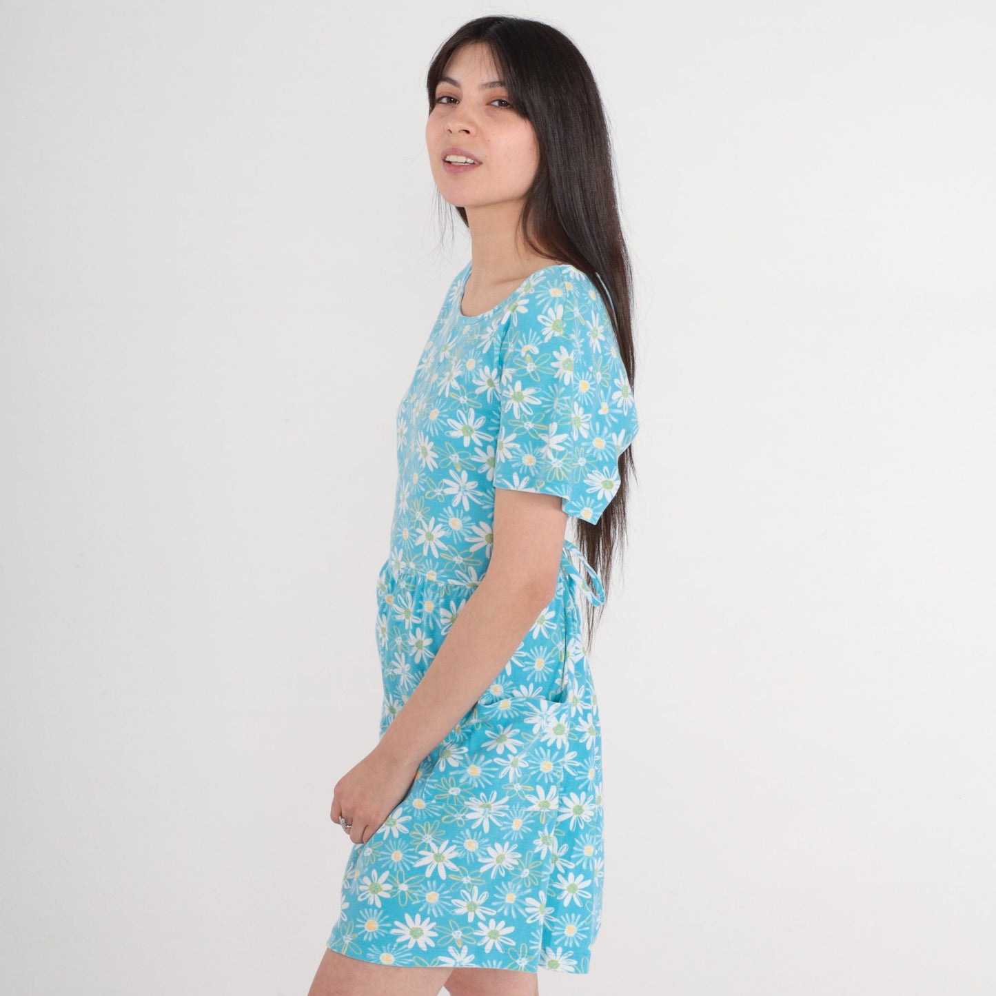 90s Bobbie Brooks Daisy Floral Mini Dress Blue High Waisted Pockets Large