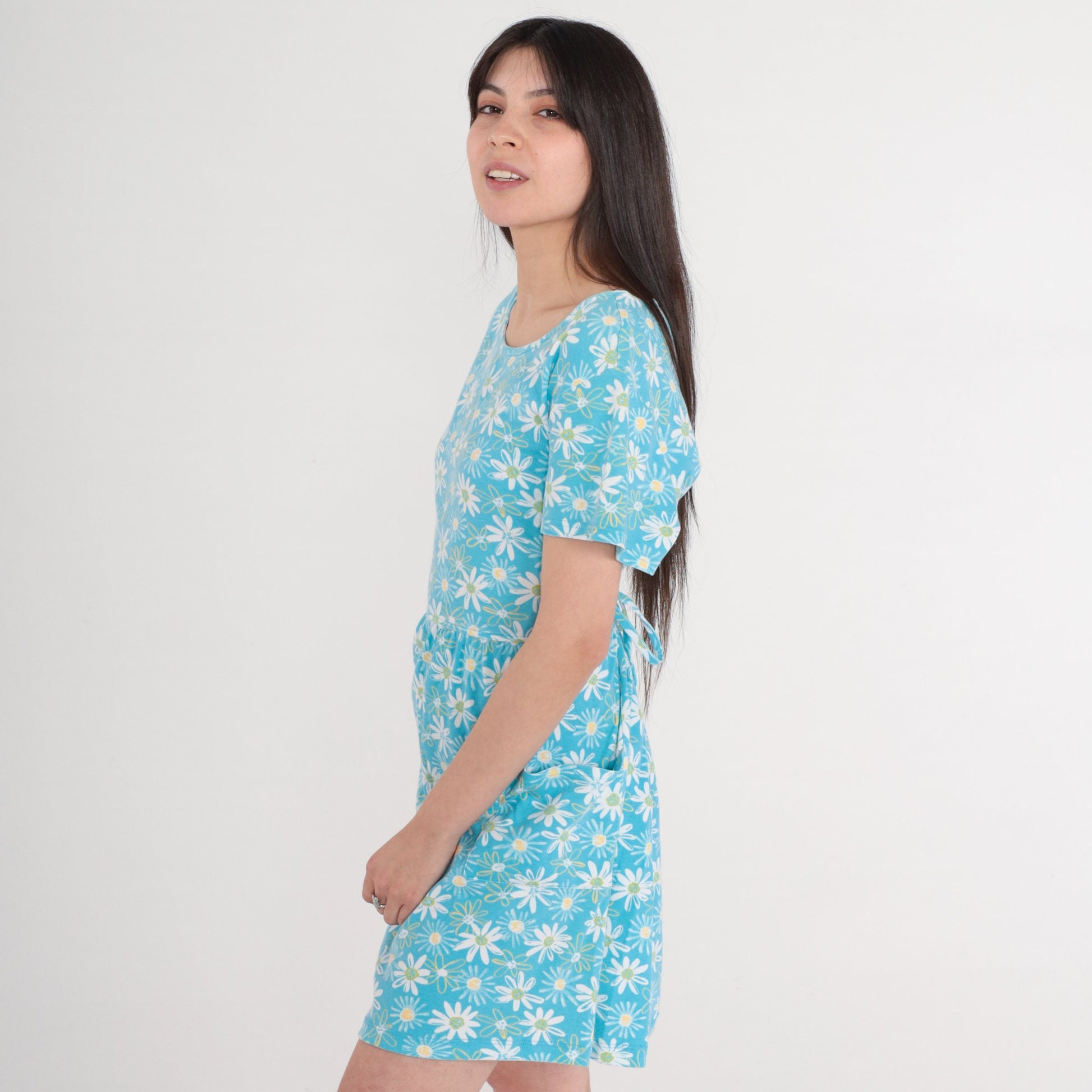 90s Bobbie Brooks Daisy Floral Mini Dress Blue High Waisted Pockets Large