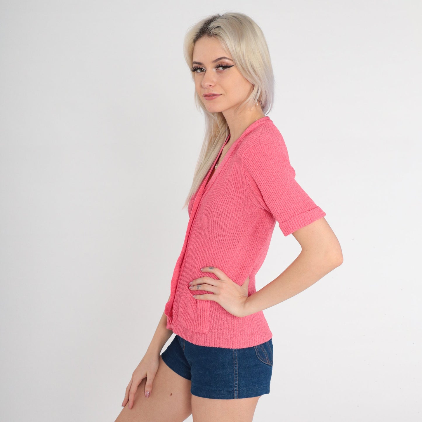 70s Pink Ribbed Knit Cardigan Short Sleeve Button Up Top Small