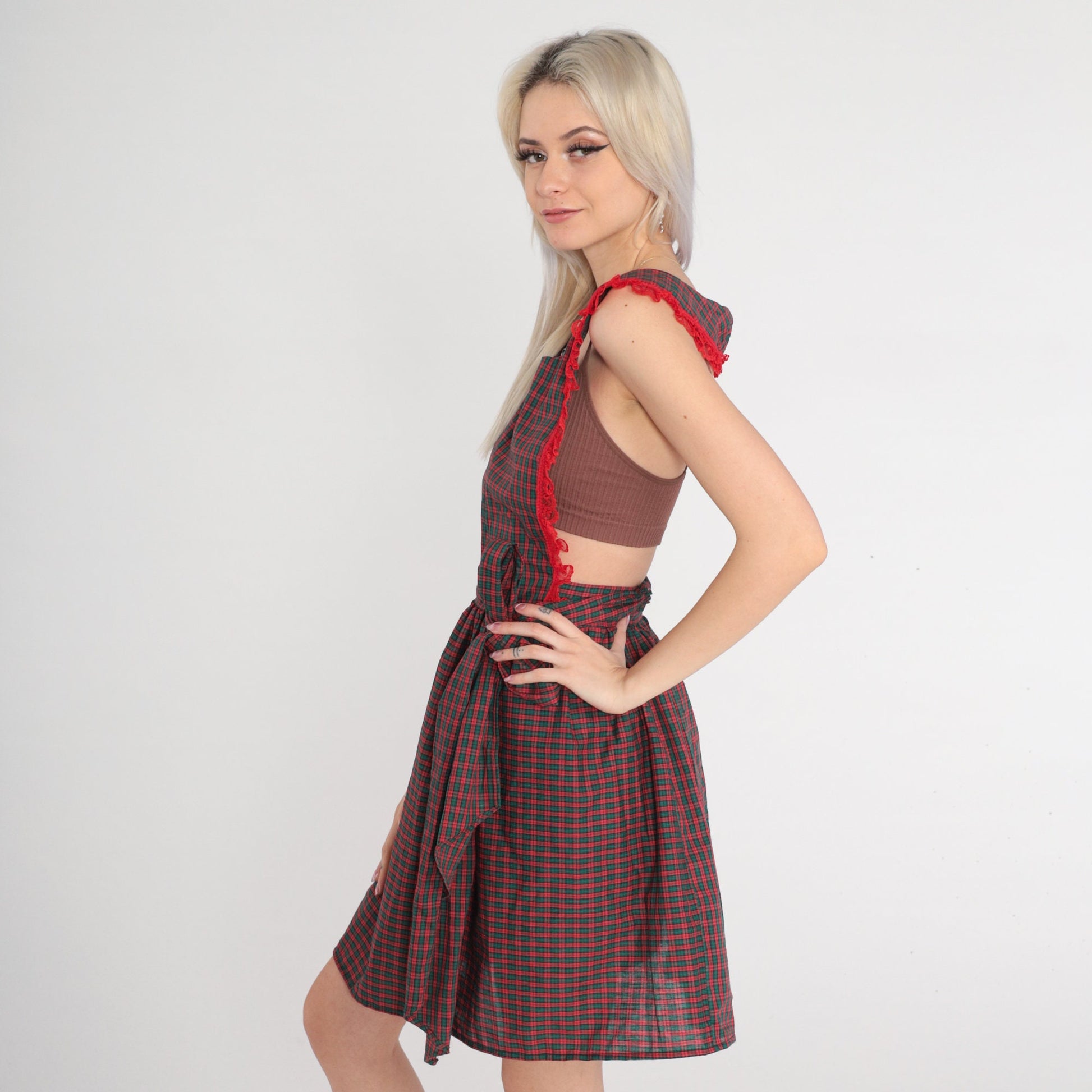70s Red Green Plaid Apron Dress Lace Trim Open Back Small Medium