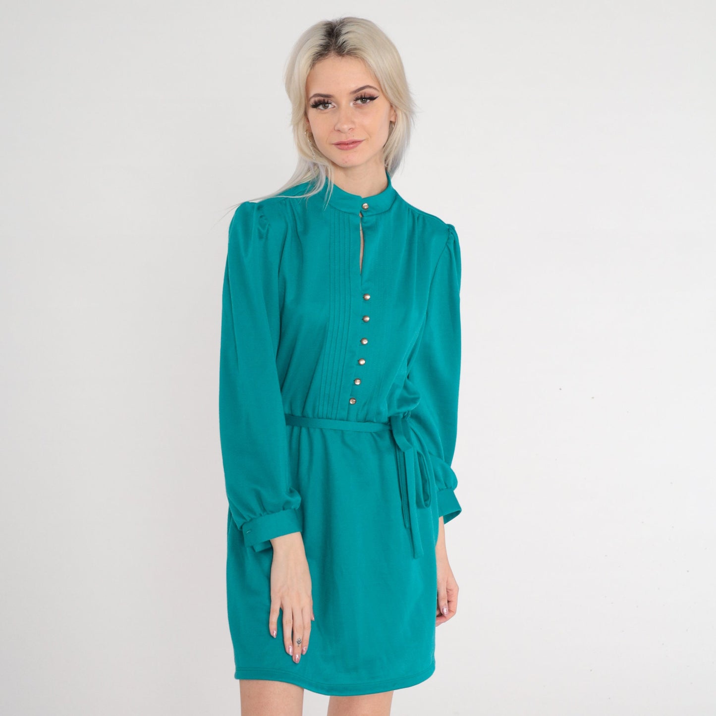 1970s Teal Green Wool Blend Mini Dress Puff Sleeve Button-Up High Waist Medium