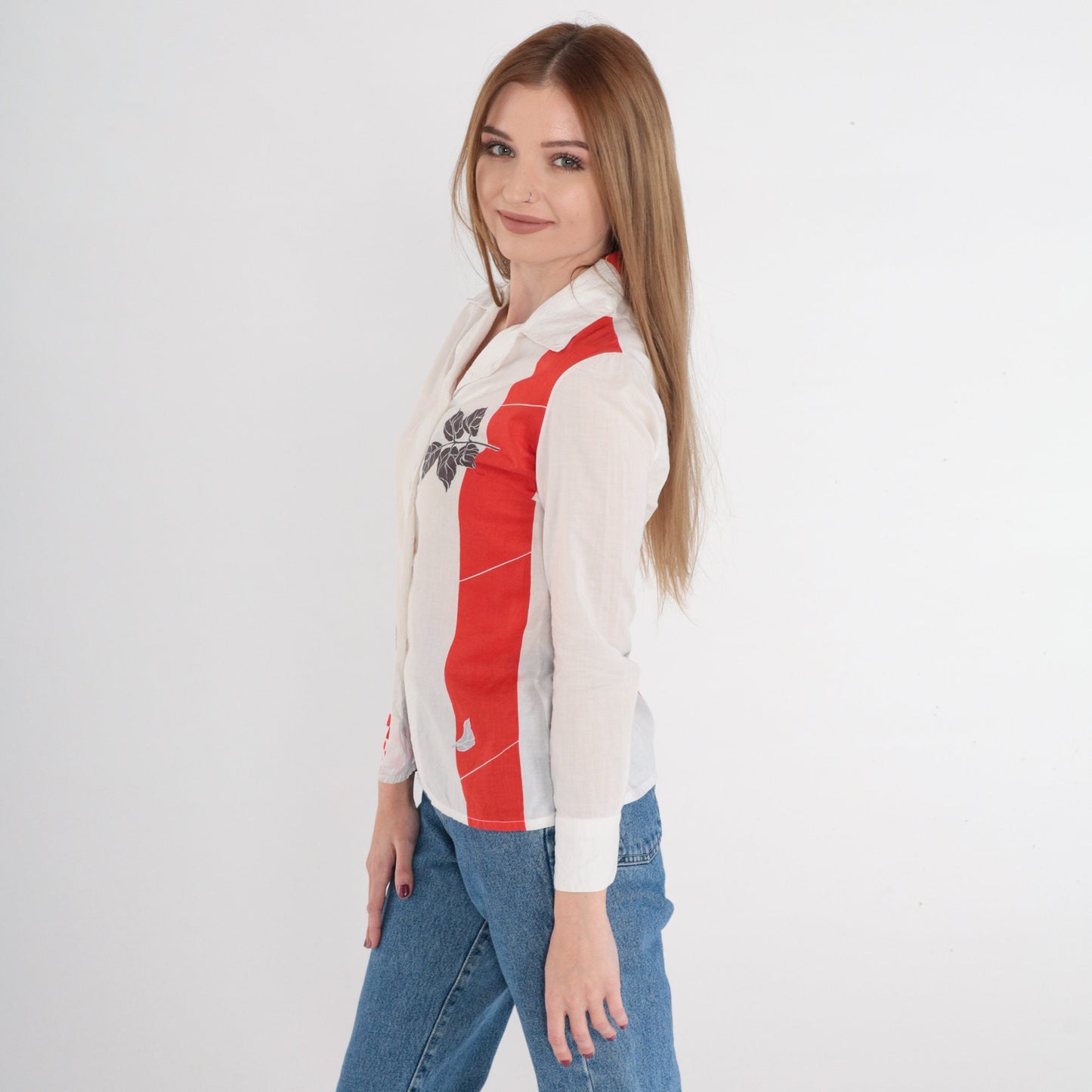 80s Leaf Print Button-Up Blouse White Red Checkered Striped Long Sleeve Extra Small
