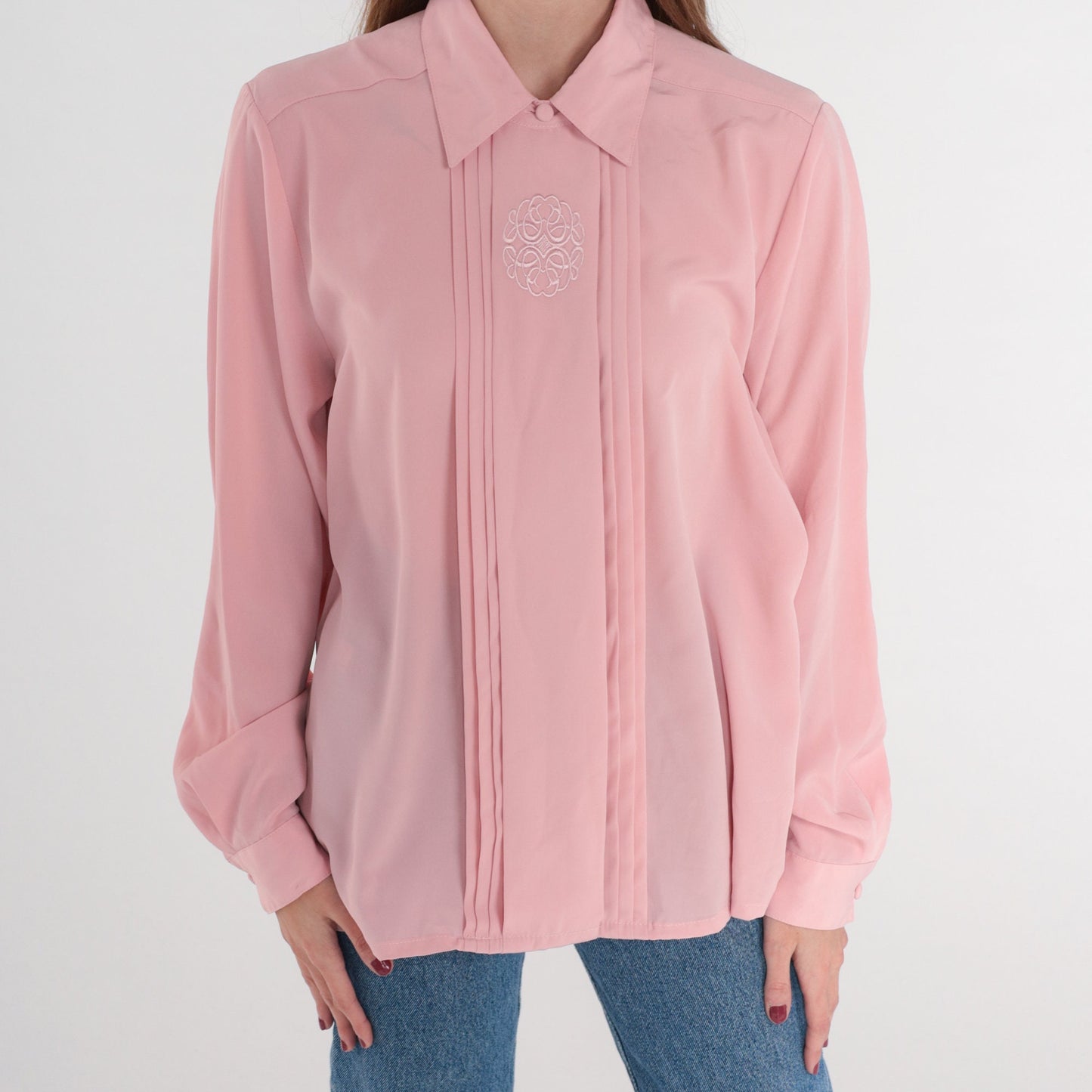 80s Pink Pleated Blouse Embroidered Long Sleeve Button Up Collared Shirt Large L