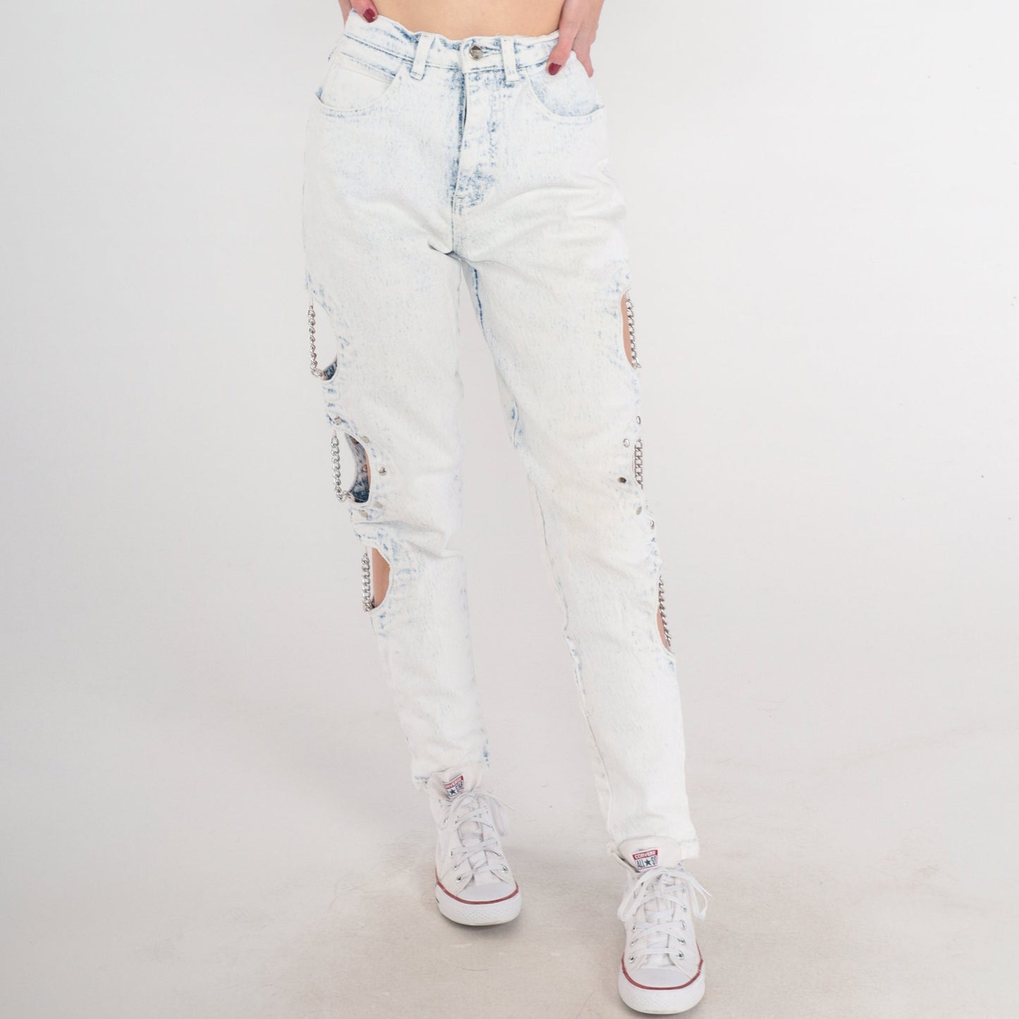 90s Cutout Chain Skinny Jeans Pale Blue Stone Wash High Waisted Extra Small