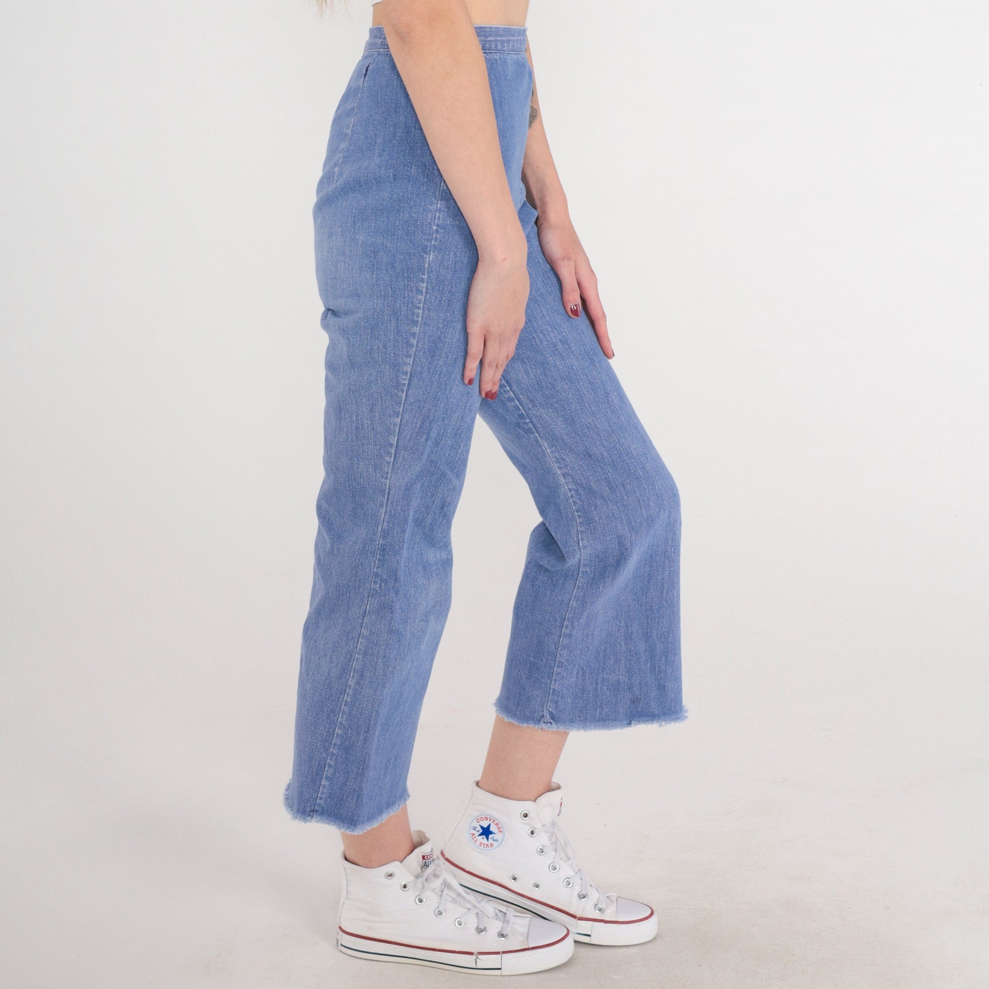 70s Bell Bottom Jeans Cropped High Rise Raw Hem Blue Denim Extra Small