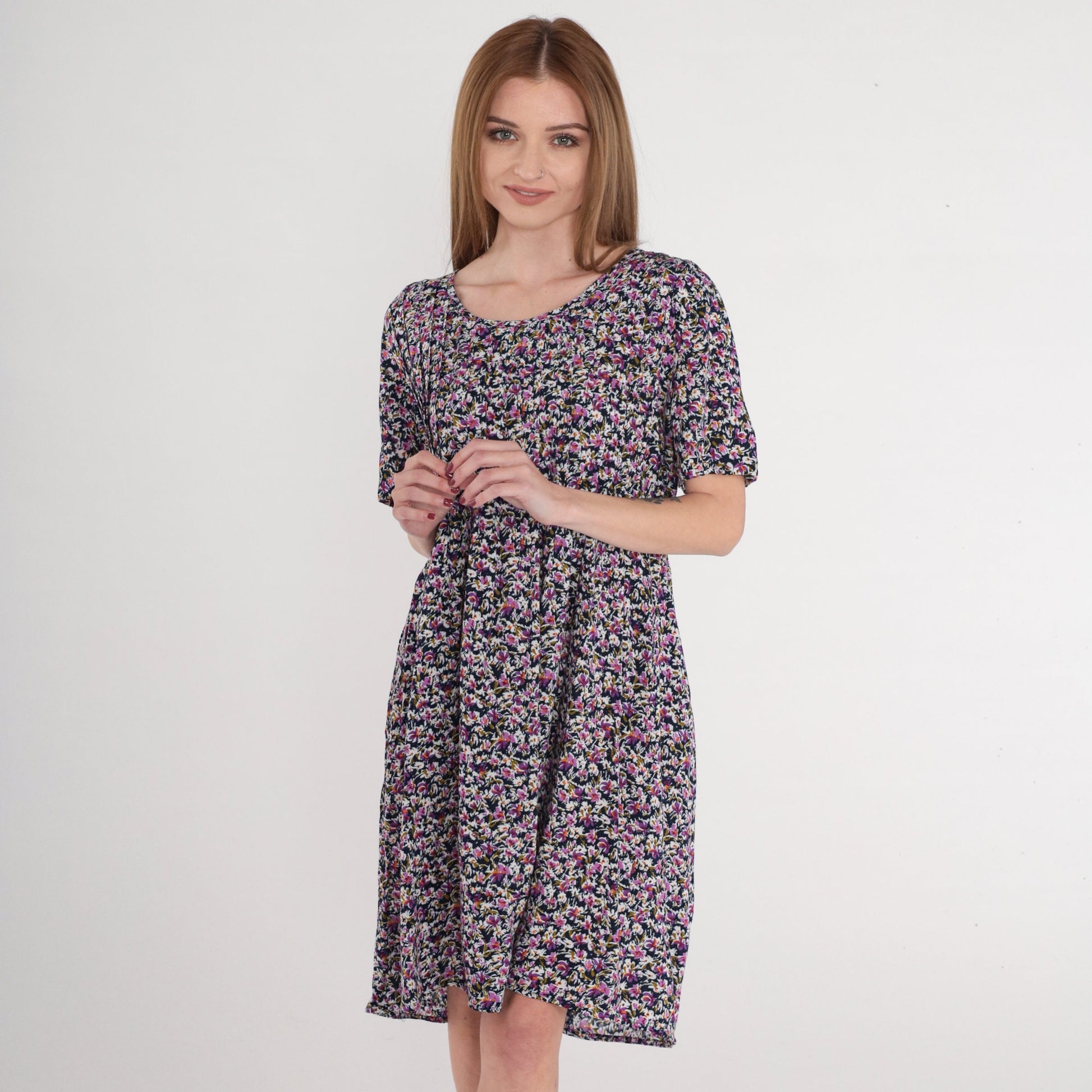 90s Navy Floral Mini Dress Purple Print High Waist Tie Back Medium Large