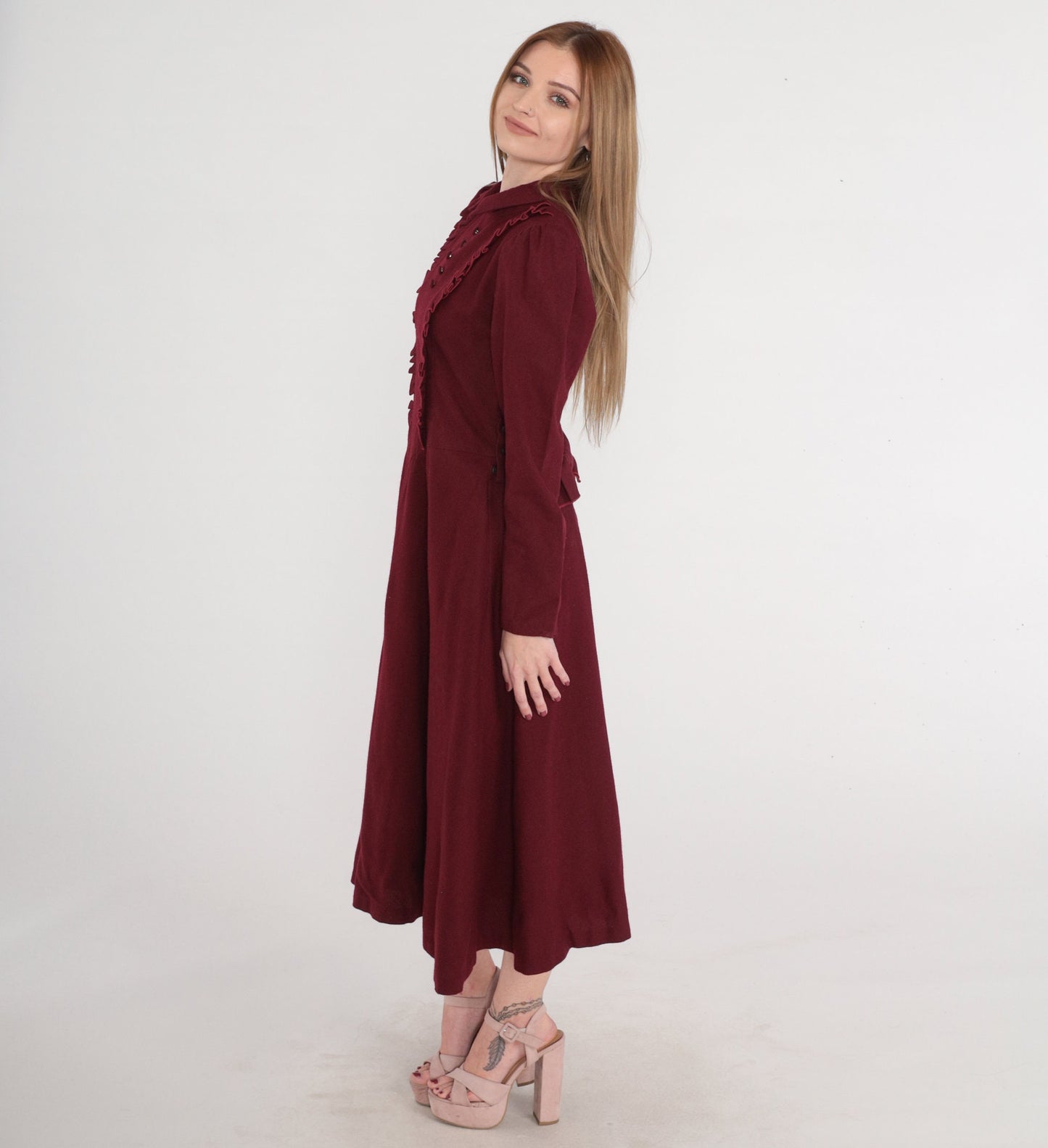 80s Dark Red Wool Midi Dress Puff Sleeve Basque Waist Collared Medium M