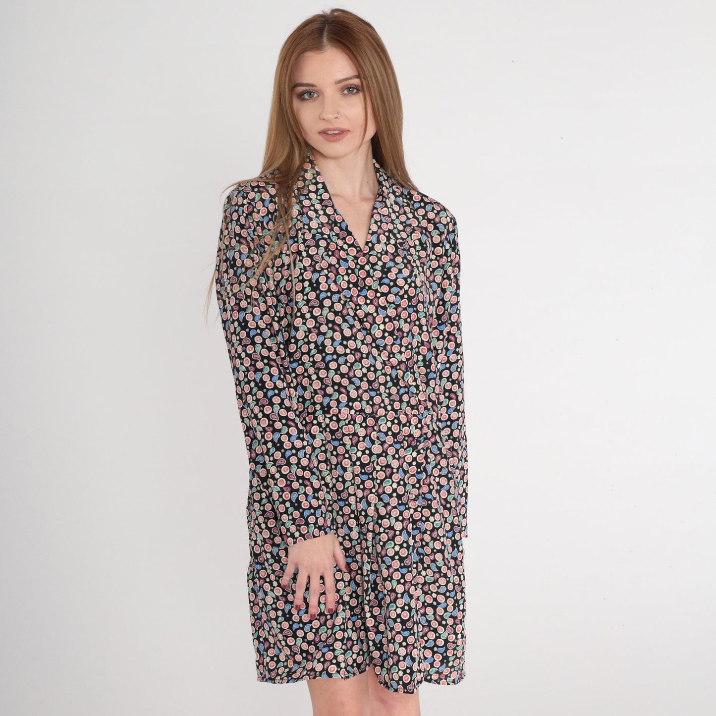 90s Leslie Fay Faux Wrap Mini Dress Paisley Floral V Neck Long Sleeve Black Medium