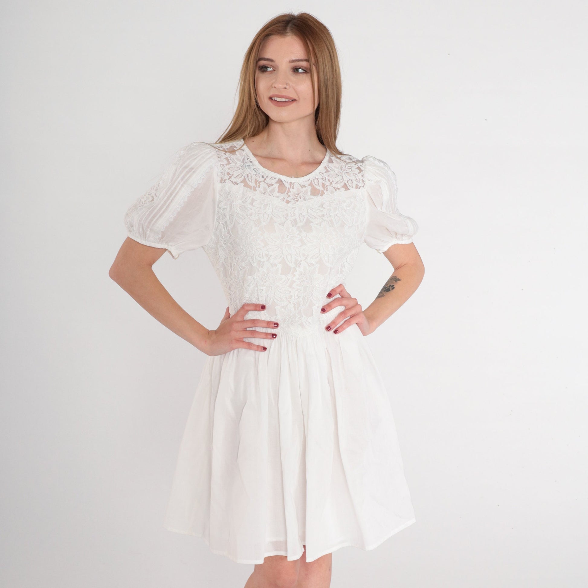 Y2K White Lace Mini Dress Puff Sleeve High Waist Bow Back Small