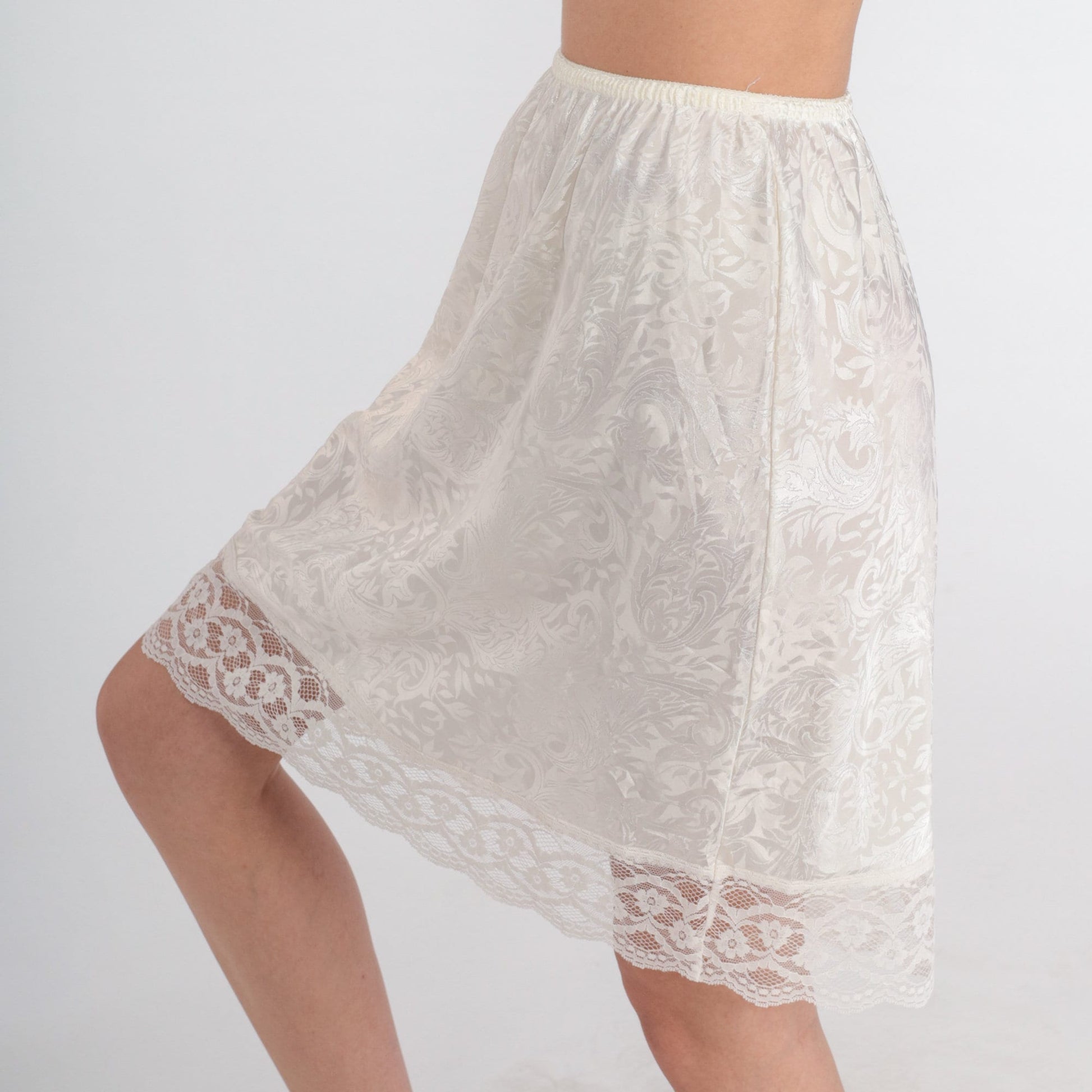 80s White Lace Embossed Floral Half Slip Mini Skirt Small Medium
