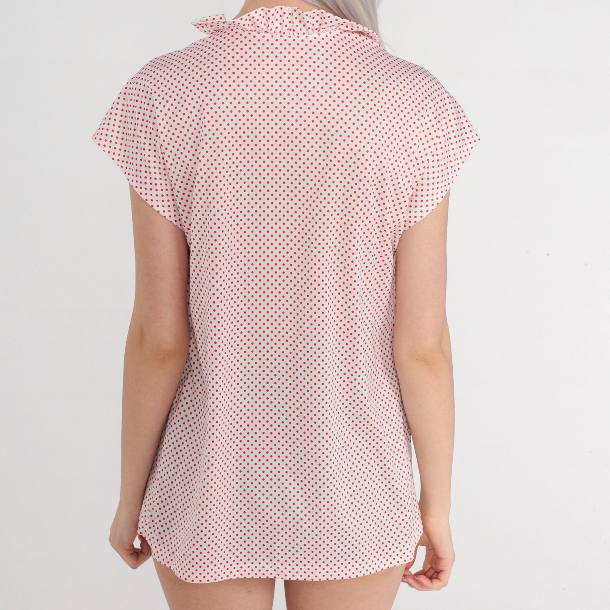 80s Polka Dot Ruffle Blouse White Red High Neck Keyhole Cap Sleeve Medium