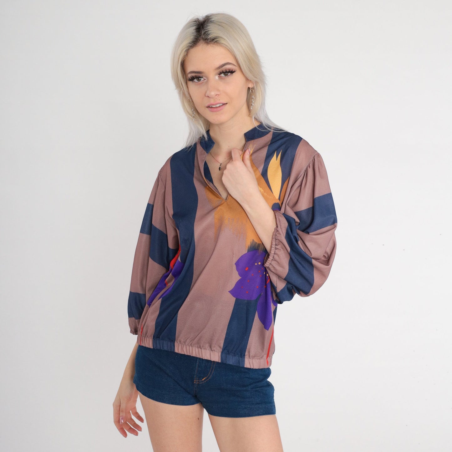 70s Striped Floral Blouse V-Neck 3/4 Sleeve Taupe Navy Yellow Medium