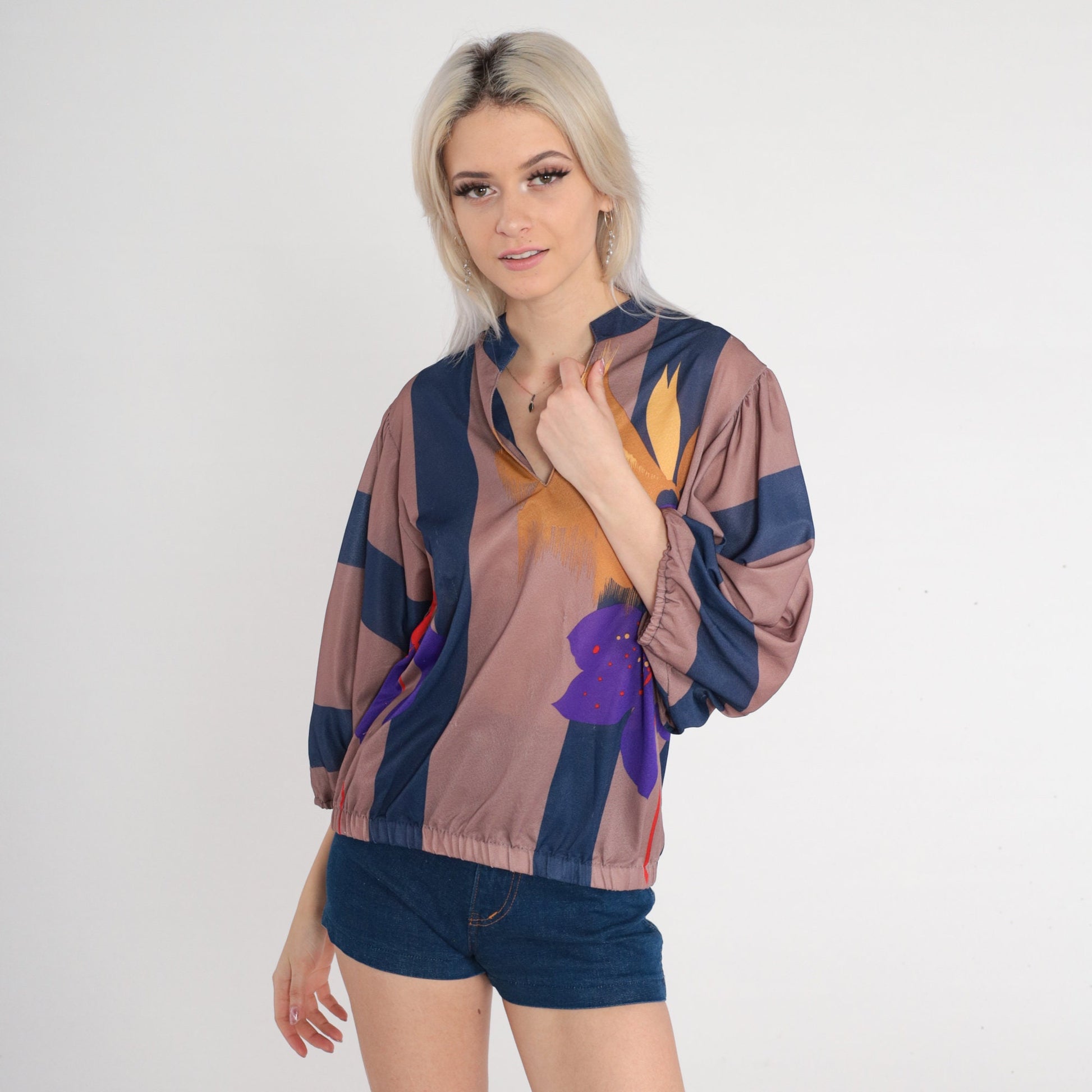 70s Striped Floral Blouse V-Neck 3/4 Sleeve Taupe Navy Yellow Medium