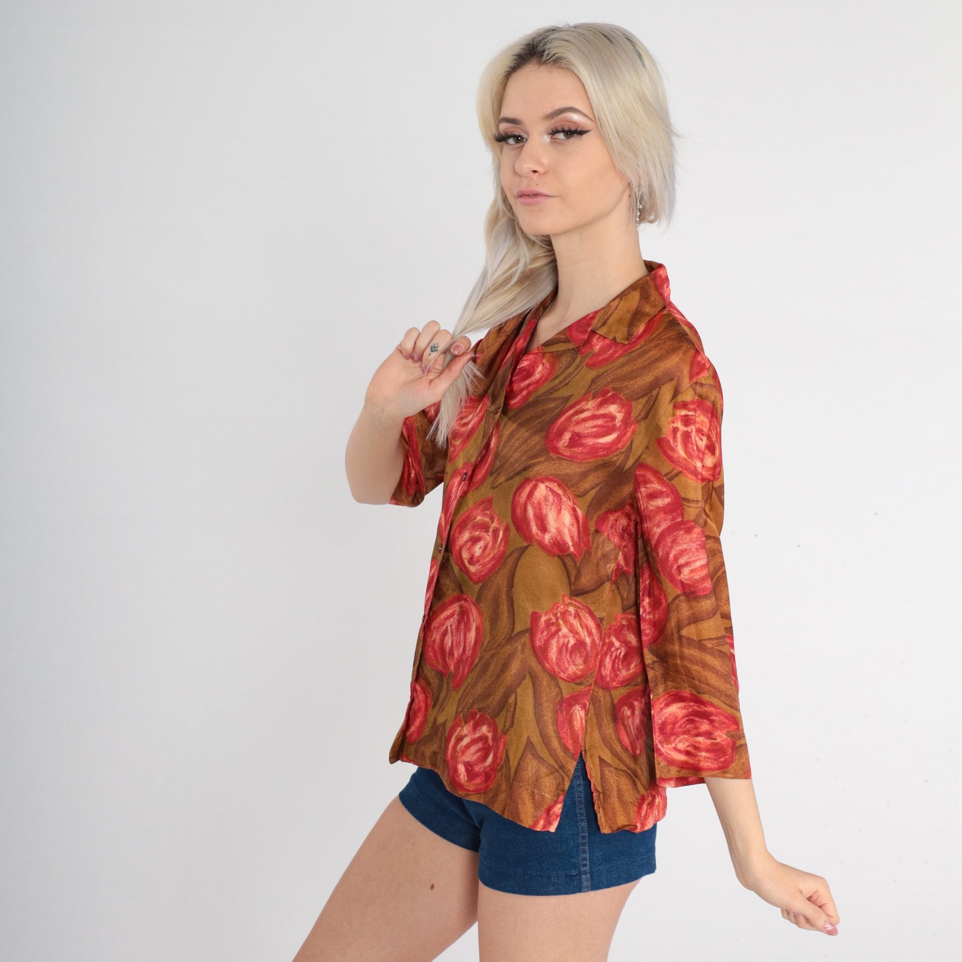 70s Tulip Print Silk Blouse Brown Button Up Floral Shirt 3/4 Sleeve Medium