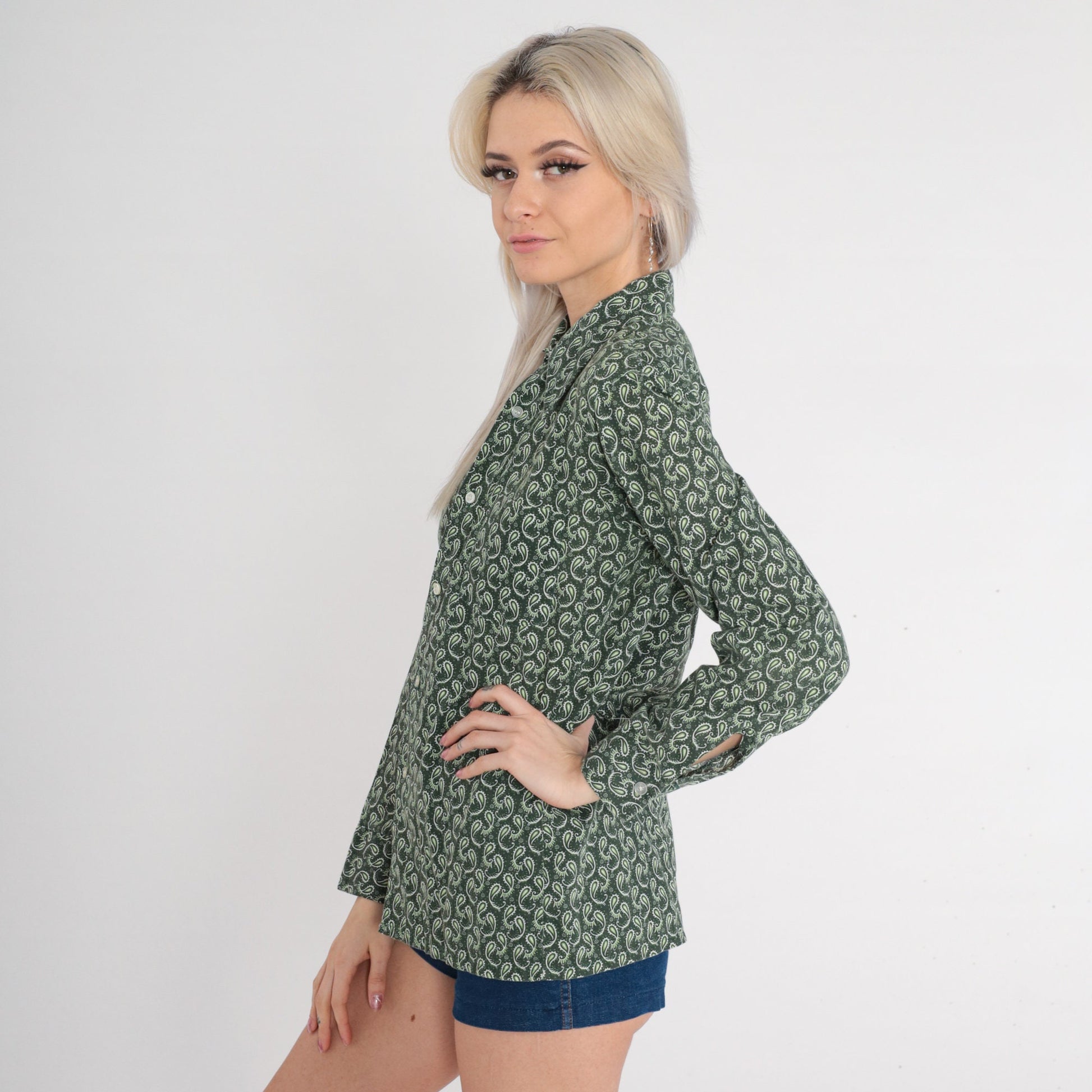 70s Paisley Button-Up Shirt Dark Green Pointed Collar Disco Long Sleeve Medium