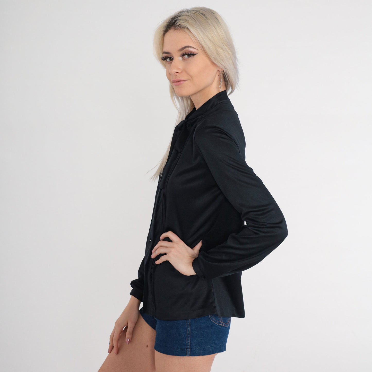 70s Black Ascot Blouse Button-Up Pleated Long Sleeve Neck Bow Small
