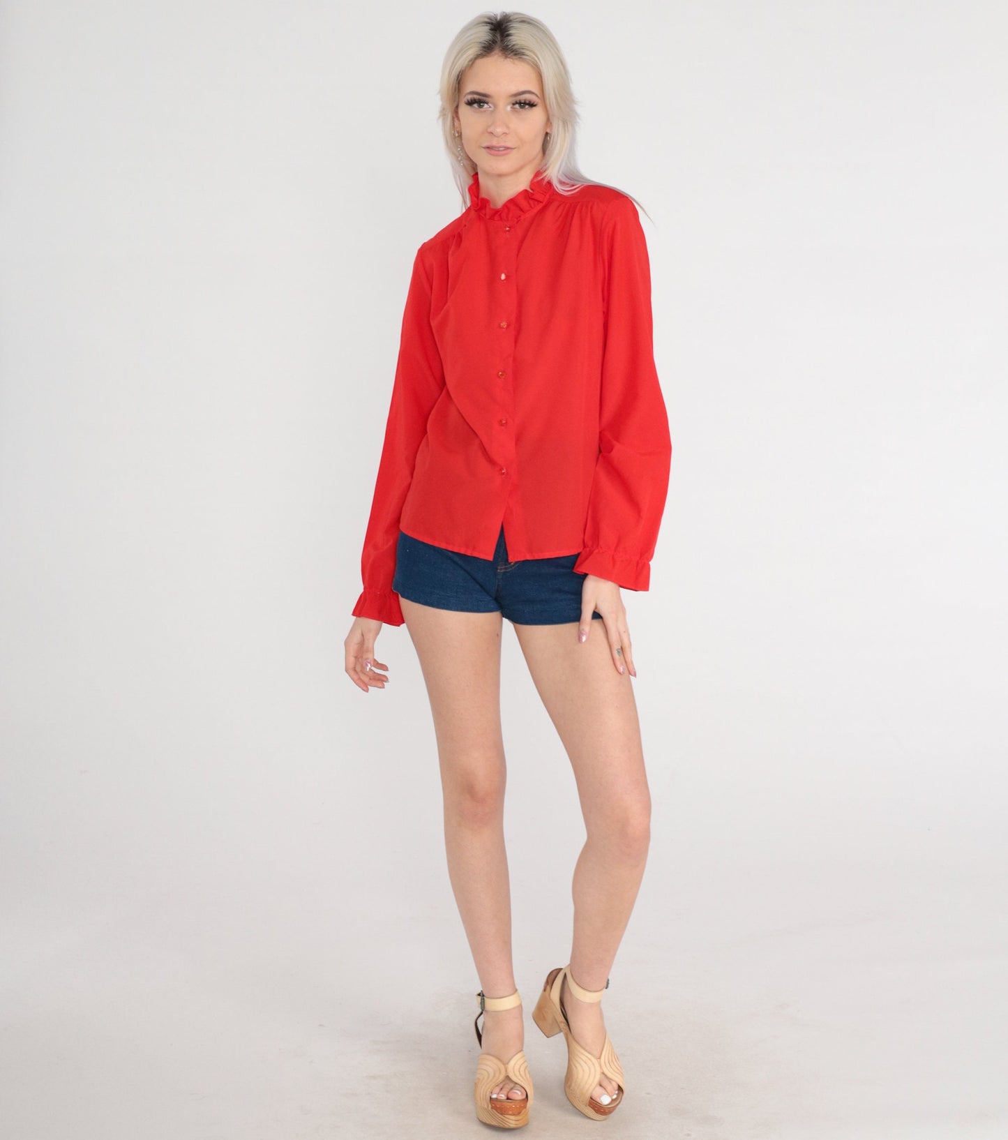 80s Red Ruffle Blouse High Neck Button-Up Sheer Long Sleeve Small