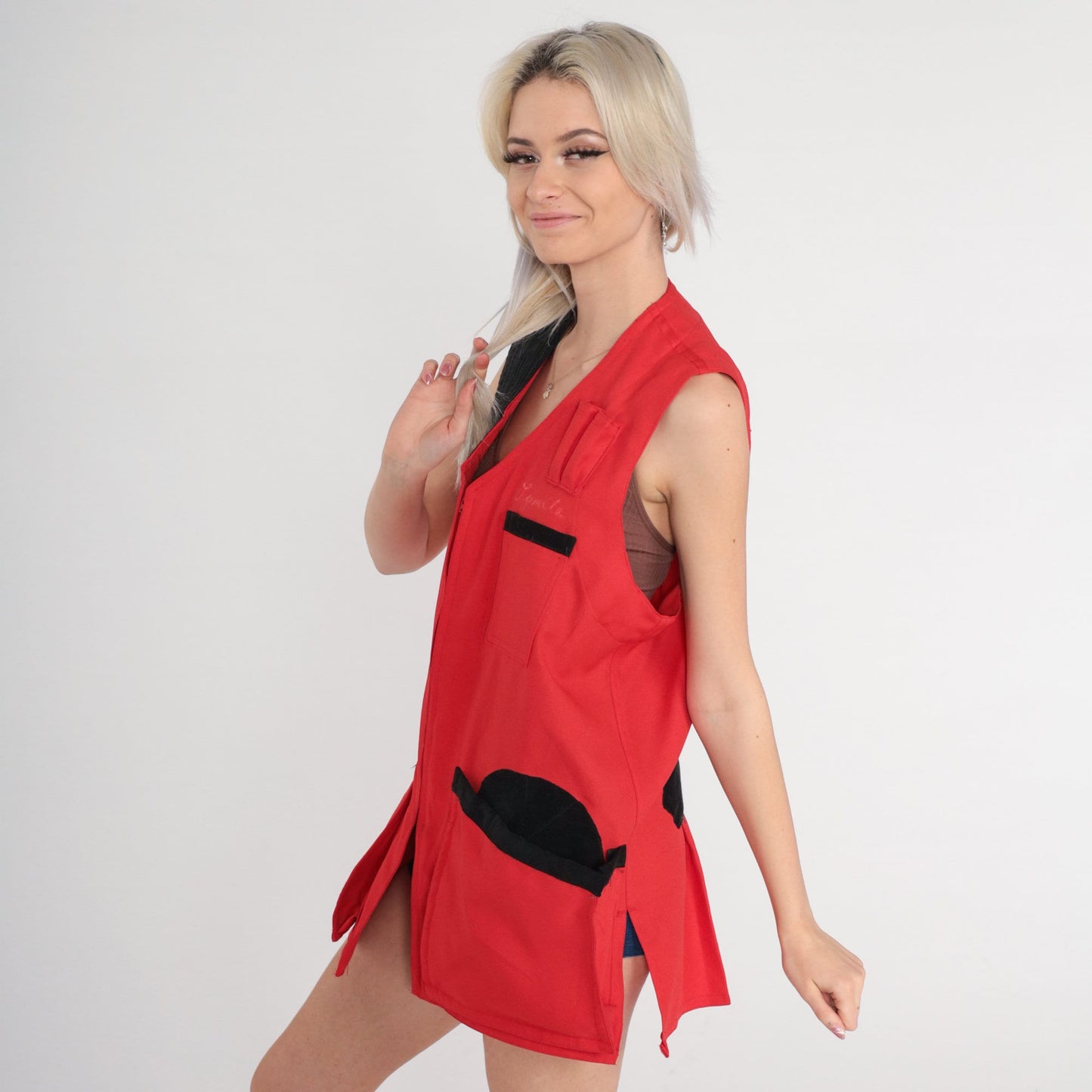 70s Upland Gun Club Hunting Vest Red Black Cargo Sleeveless Zip Large