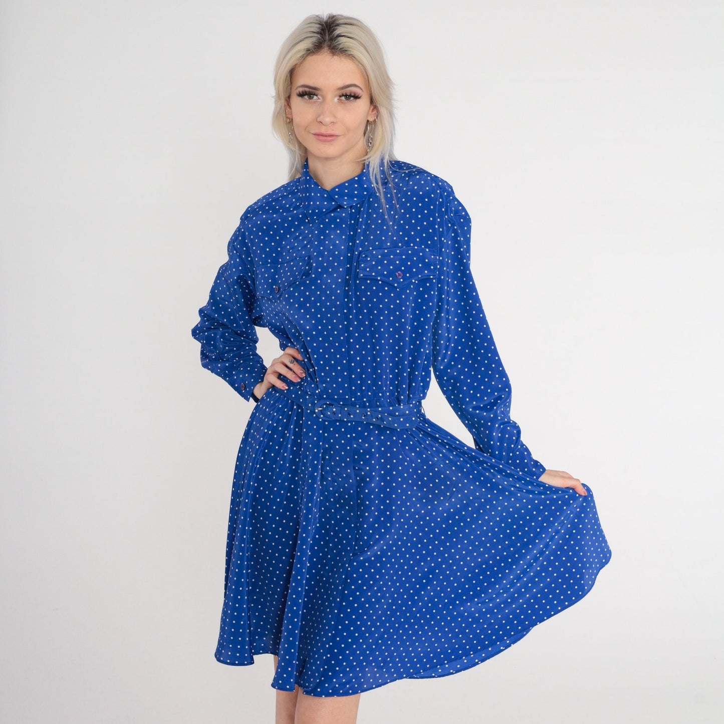 1970s Blue Polka Dot Mini Dress Button-Up High Waist Belt Long Sleeve Medium