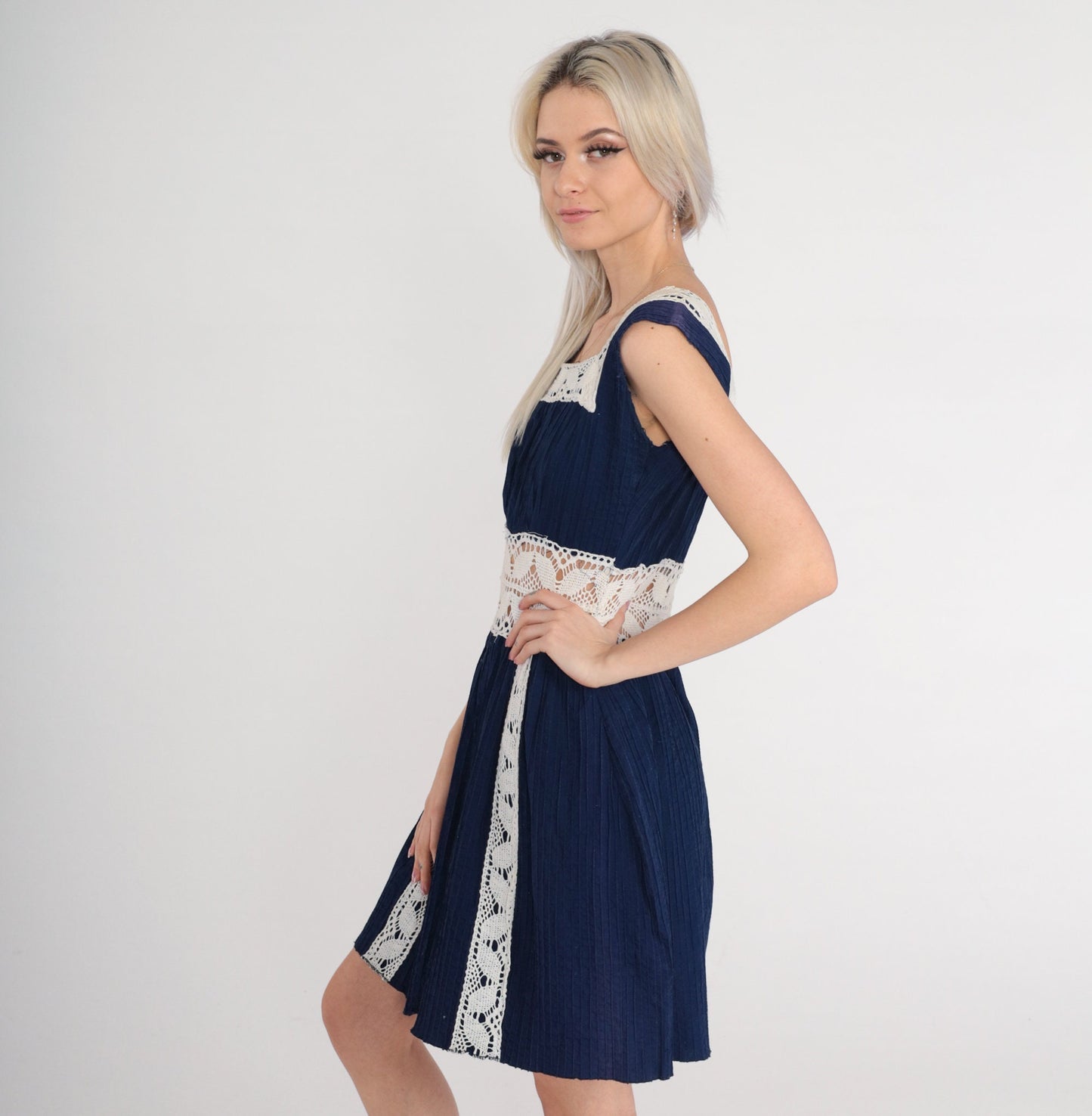 70s Navy Crochet Mini Dress White Open Weave Sleeveless High Waist Small S
