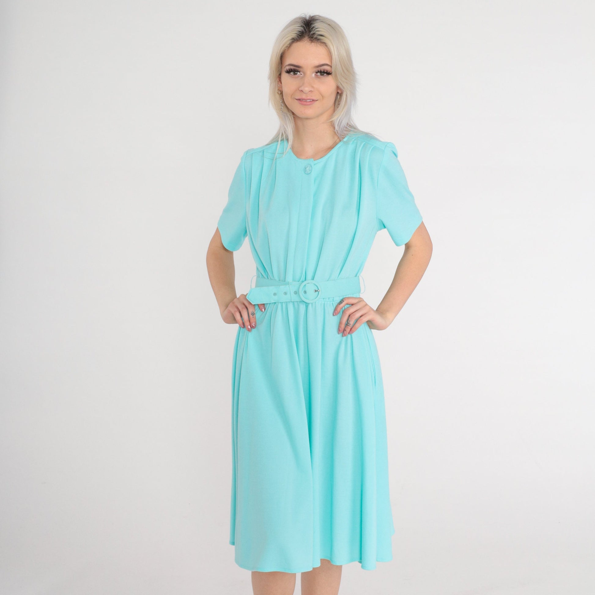 80s Mint Blue Button-Up Midi Shirtdress High Waisted Belted Secretary Medium