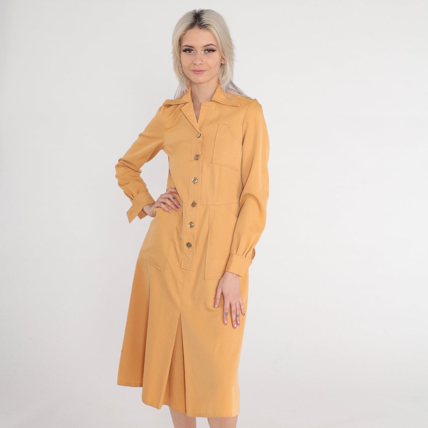70s Camel Midi Shirtdress High Waisted Button Up Collared Long Sleeve Extra Small
