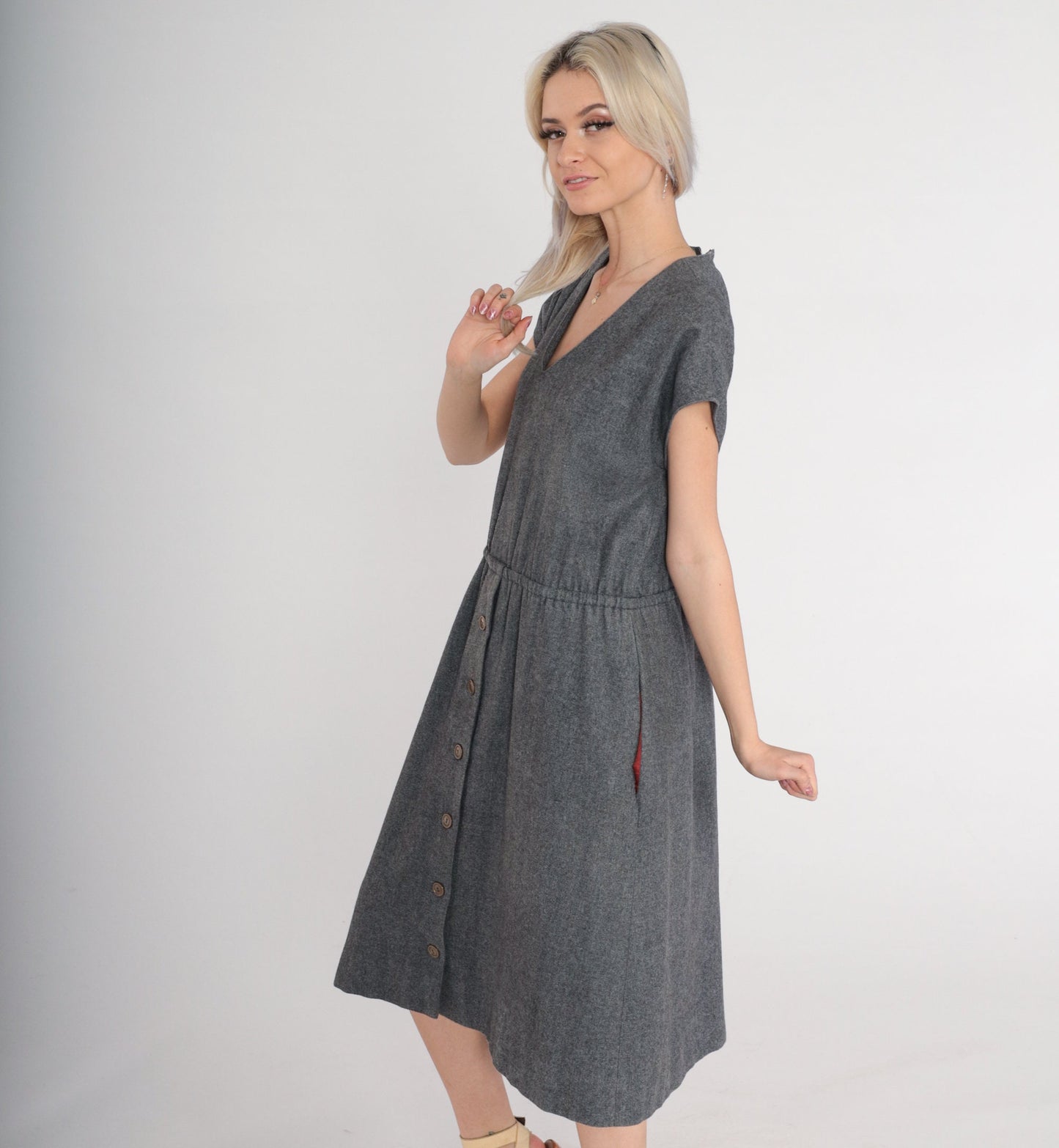 60s David Warren Wool Midi Dress Grey High Waisted V Neck Medium Large