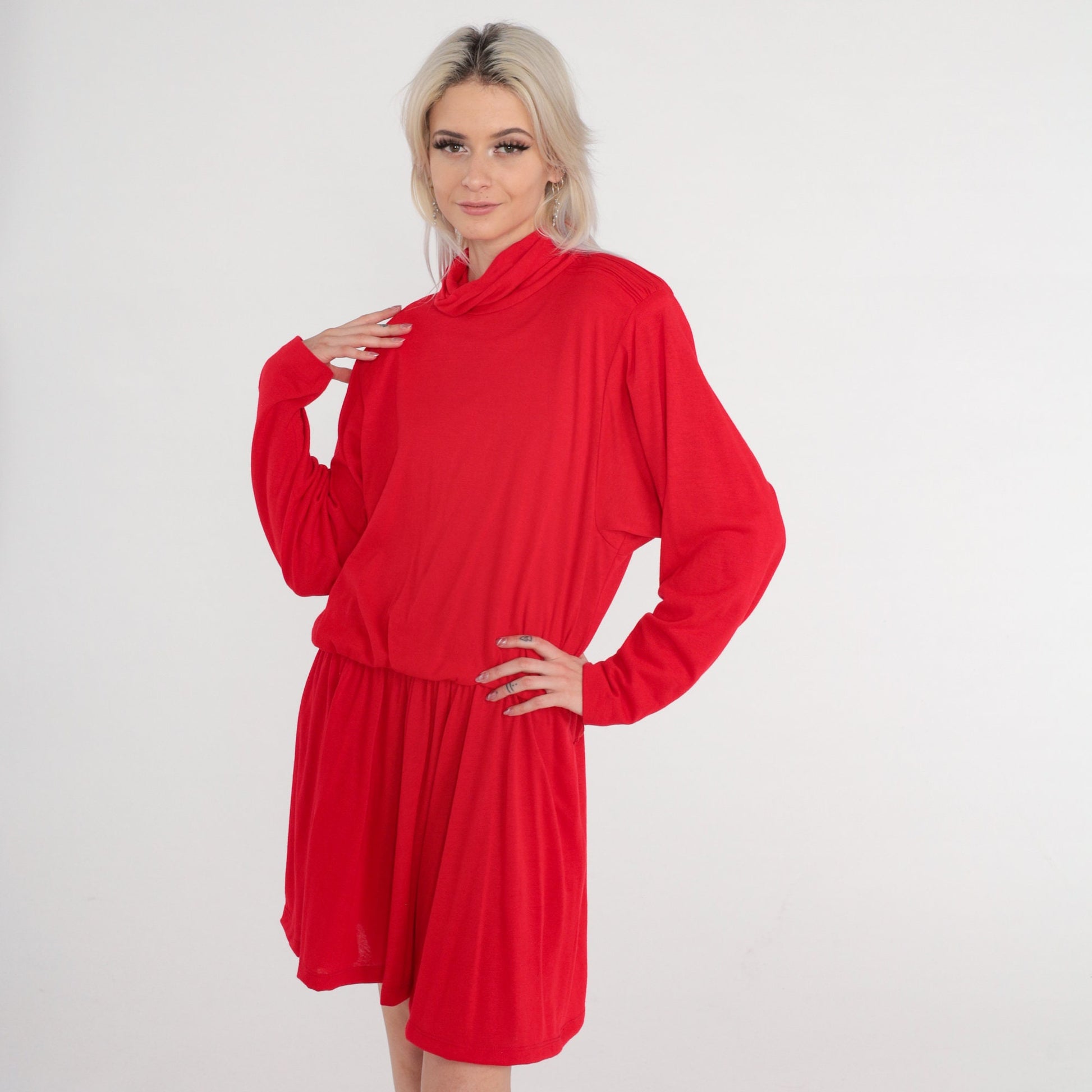 80s Red Mini Dress Turtleneck Blouson Pleated High Waist Long Sleeve Large
