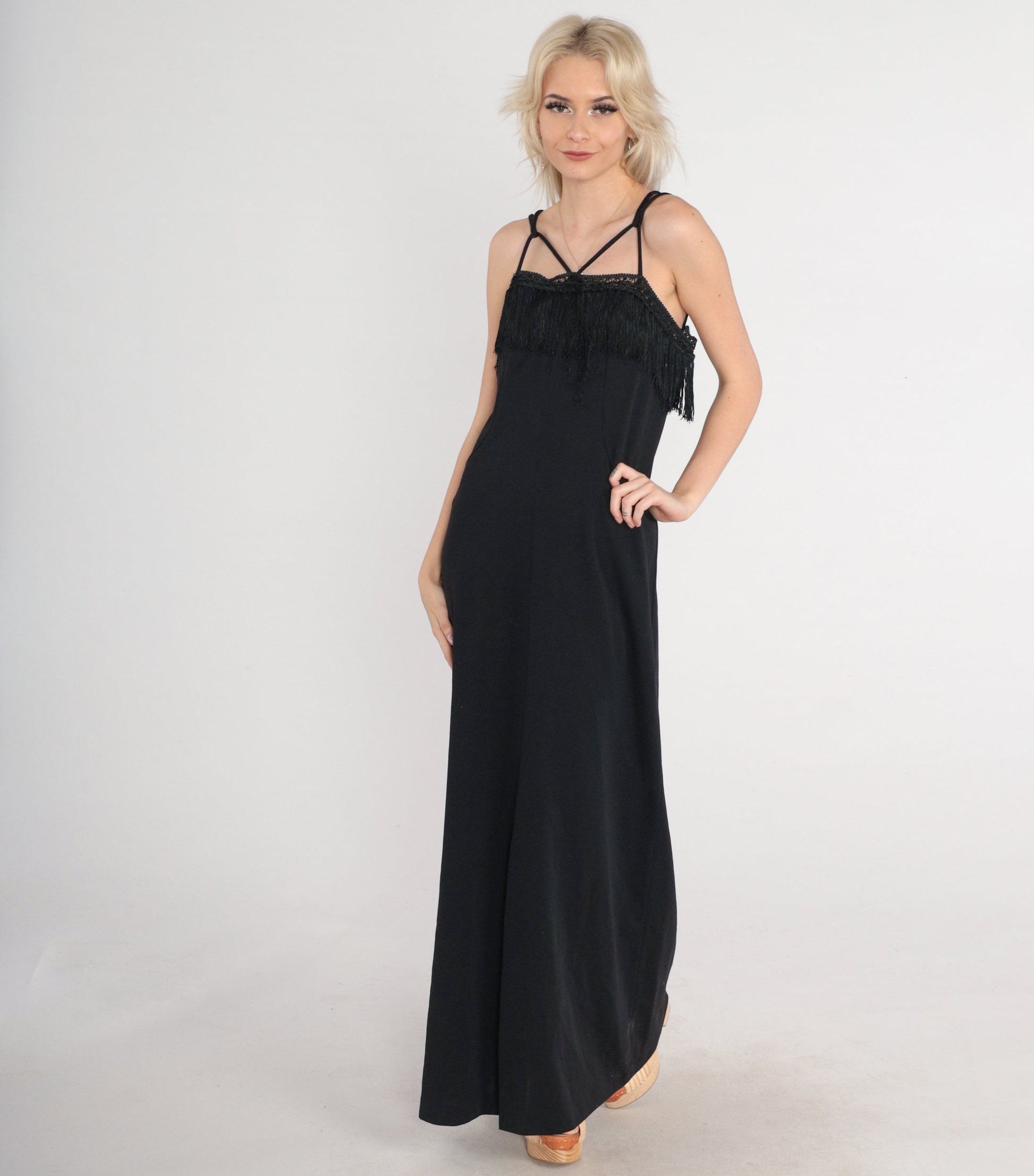 70s Black Fringe Maxi Dress Criss Cross Straps Crochet Lace Medium