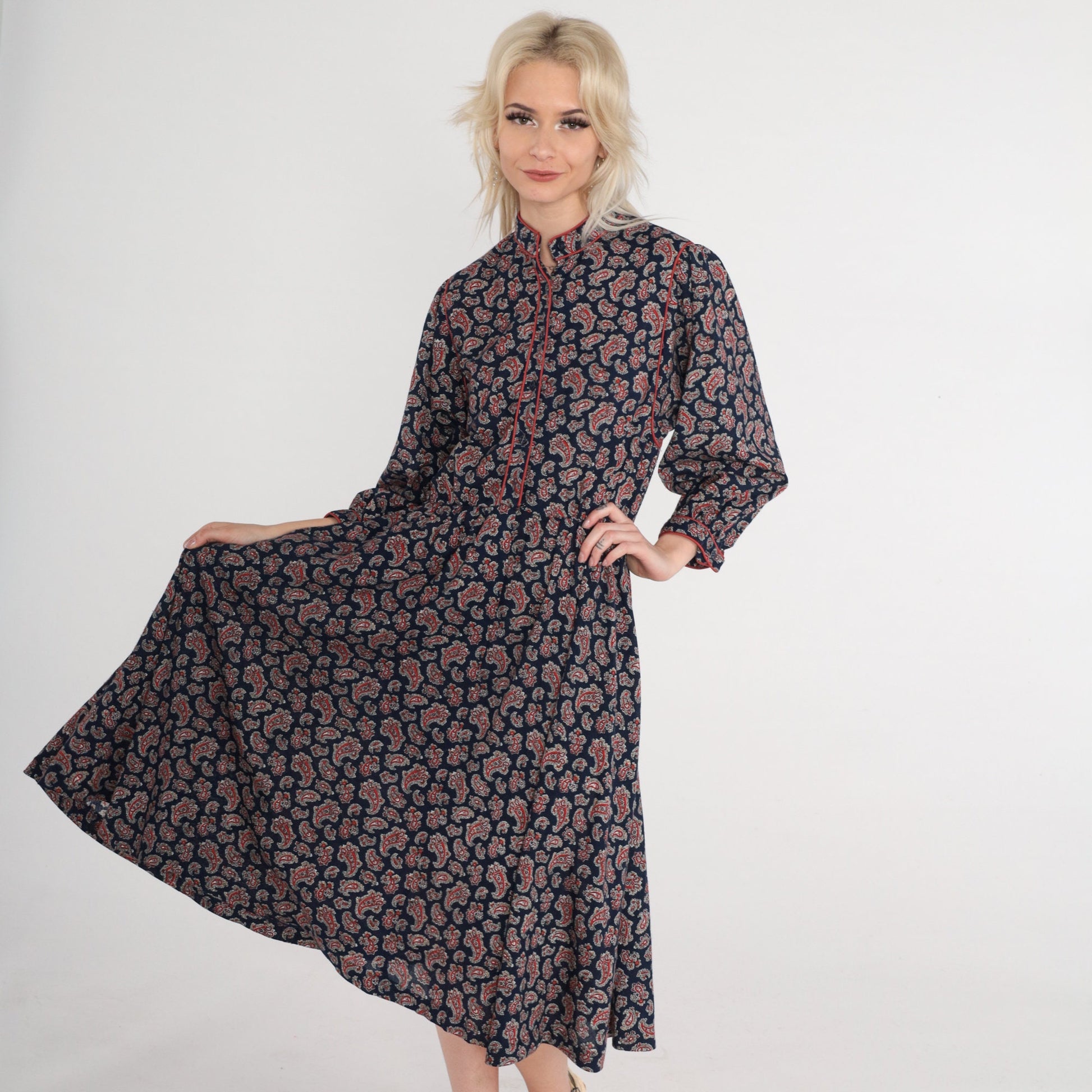 70s Navy Paisley Midi Dress Button-Up Long Sleeve High Waist Small