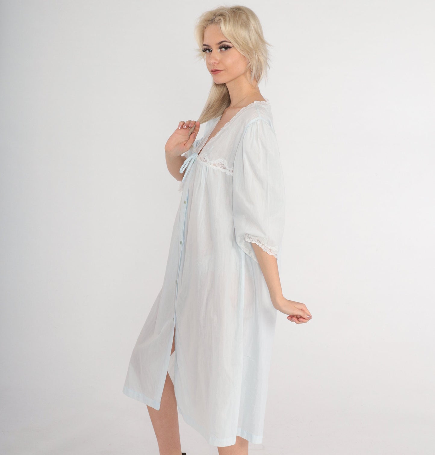 90s Pastel Blue Lace Nightgown Semi-Sheer Button-Front Midi Nightie Large L