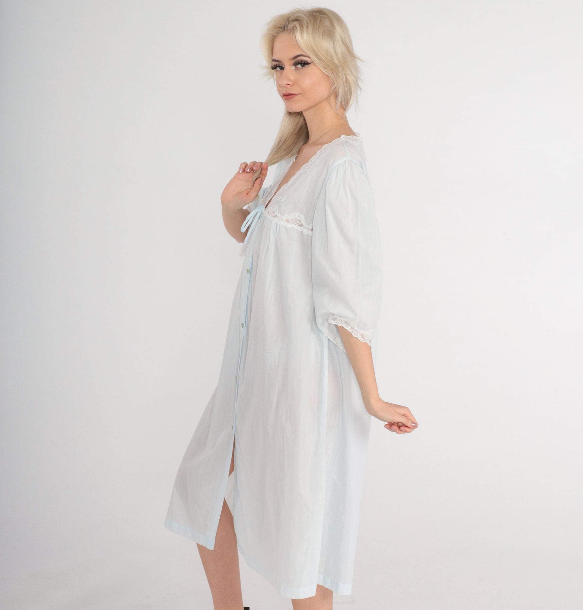 90s Pastel Blue Lace Nightgown Semi-Sheer Button-Front Midi Nightie Large L
