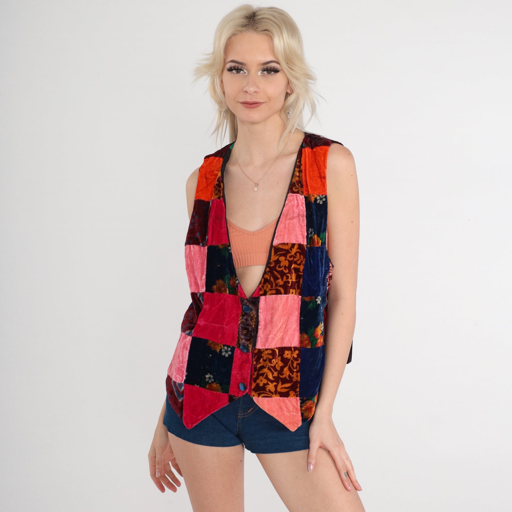 70s Velvet Patchwork Floral Button-Up Vest Pink Red Blue Medium M