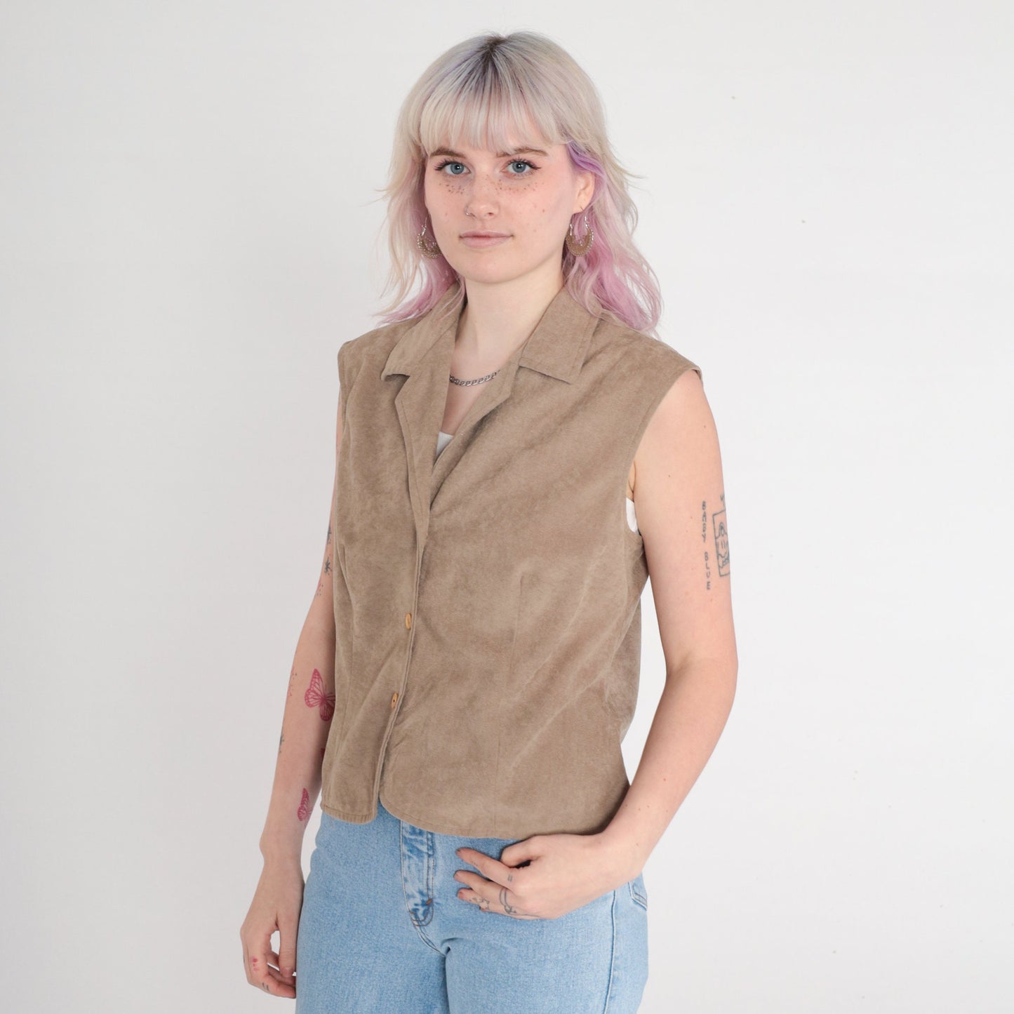 90s Taupe Faux Suede Button-Up Tank Top Sleeveless Collared Medium