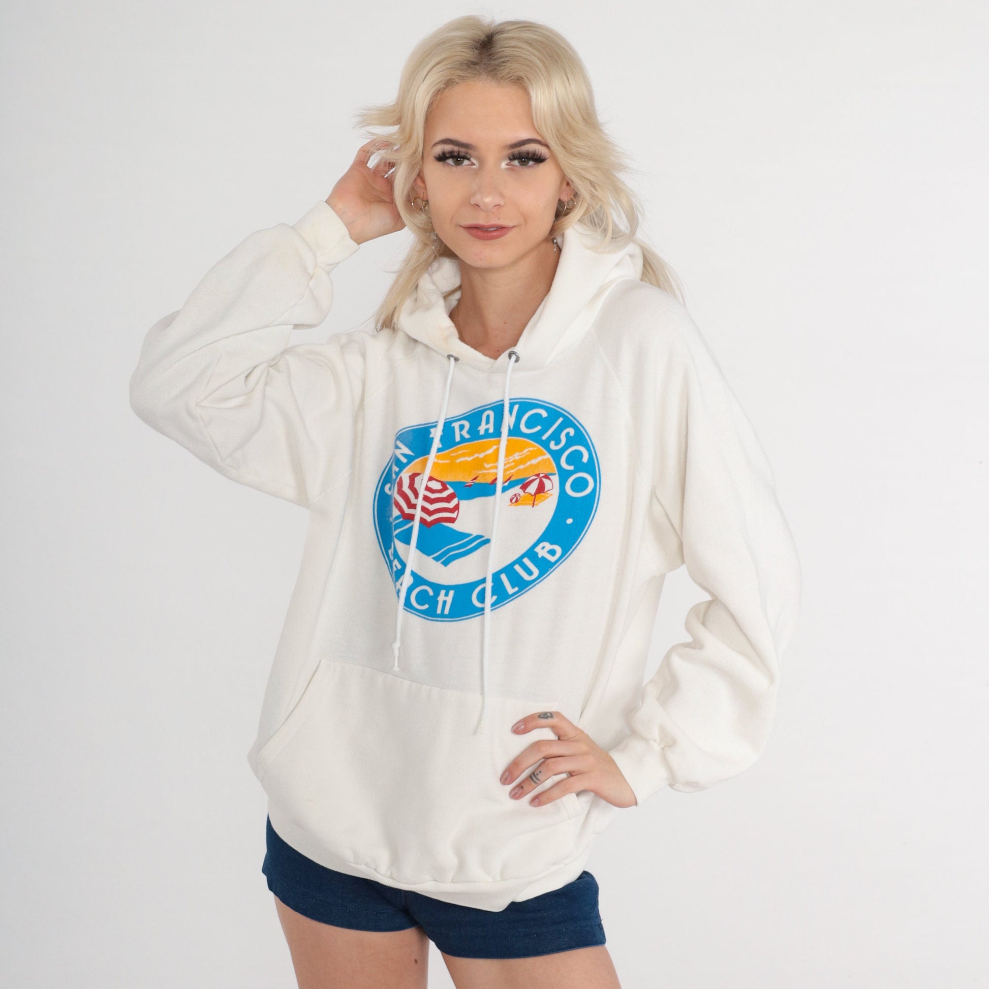 90s San Francisco Beach Club Hoodie White Raglan Graphic Sweatshirt Large