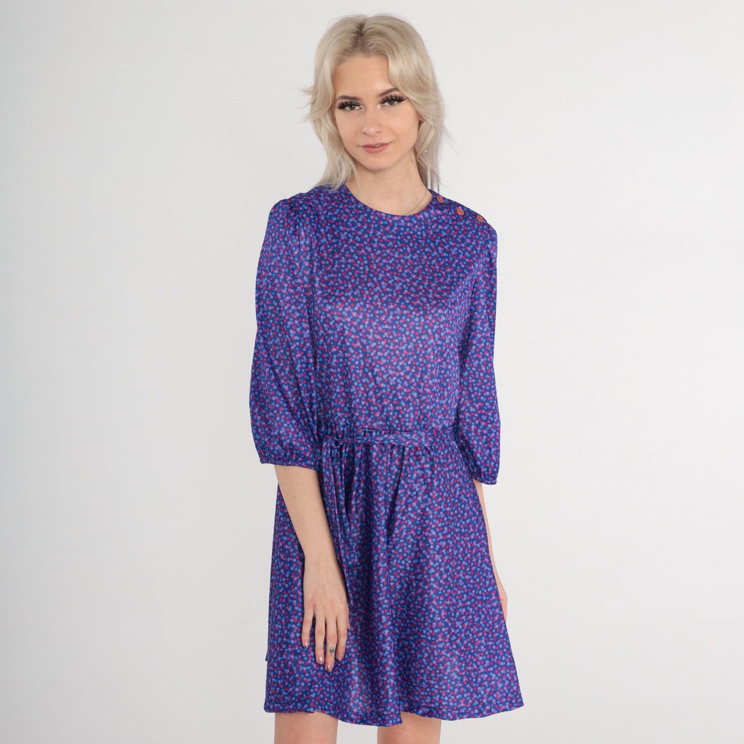 80s Purple Confetti Mini Dress Puff Sleeve Shoulder Buttons Small