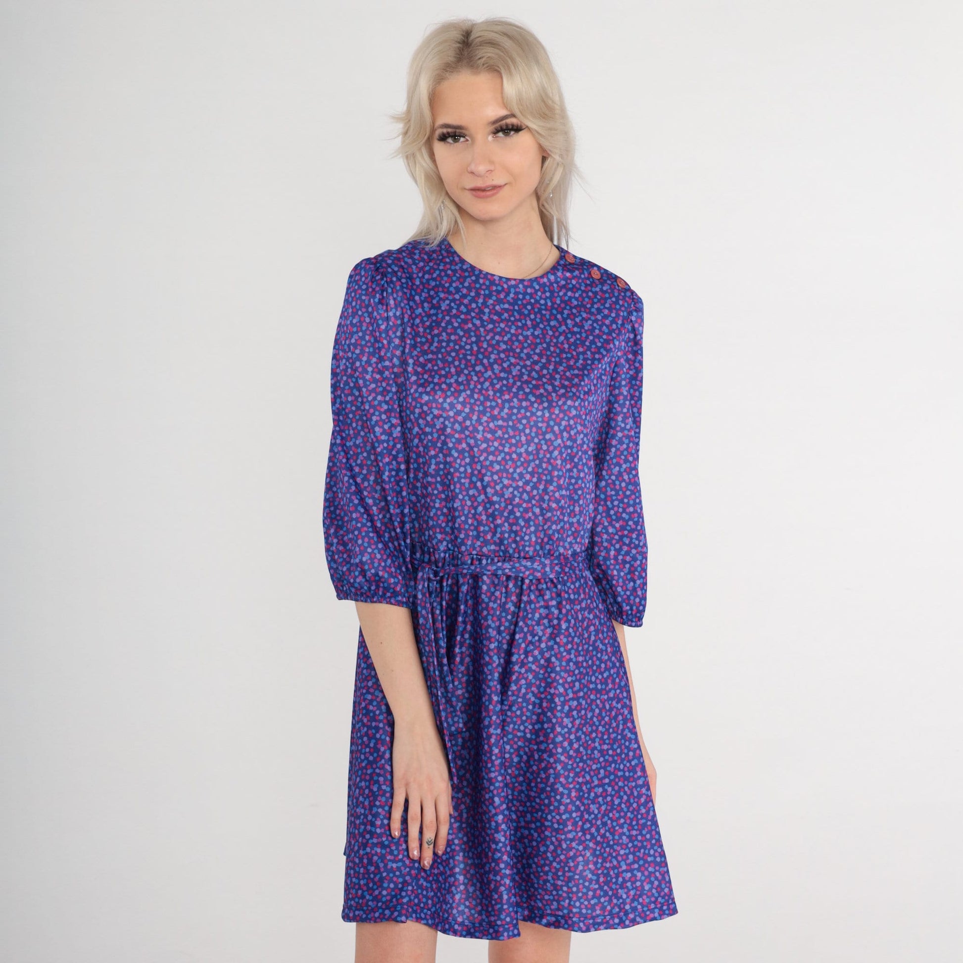 80s Purple Confetti Mini Dress Puff Sleeve Shoulder Buttons Small