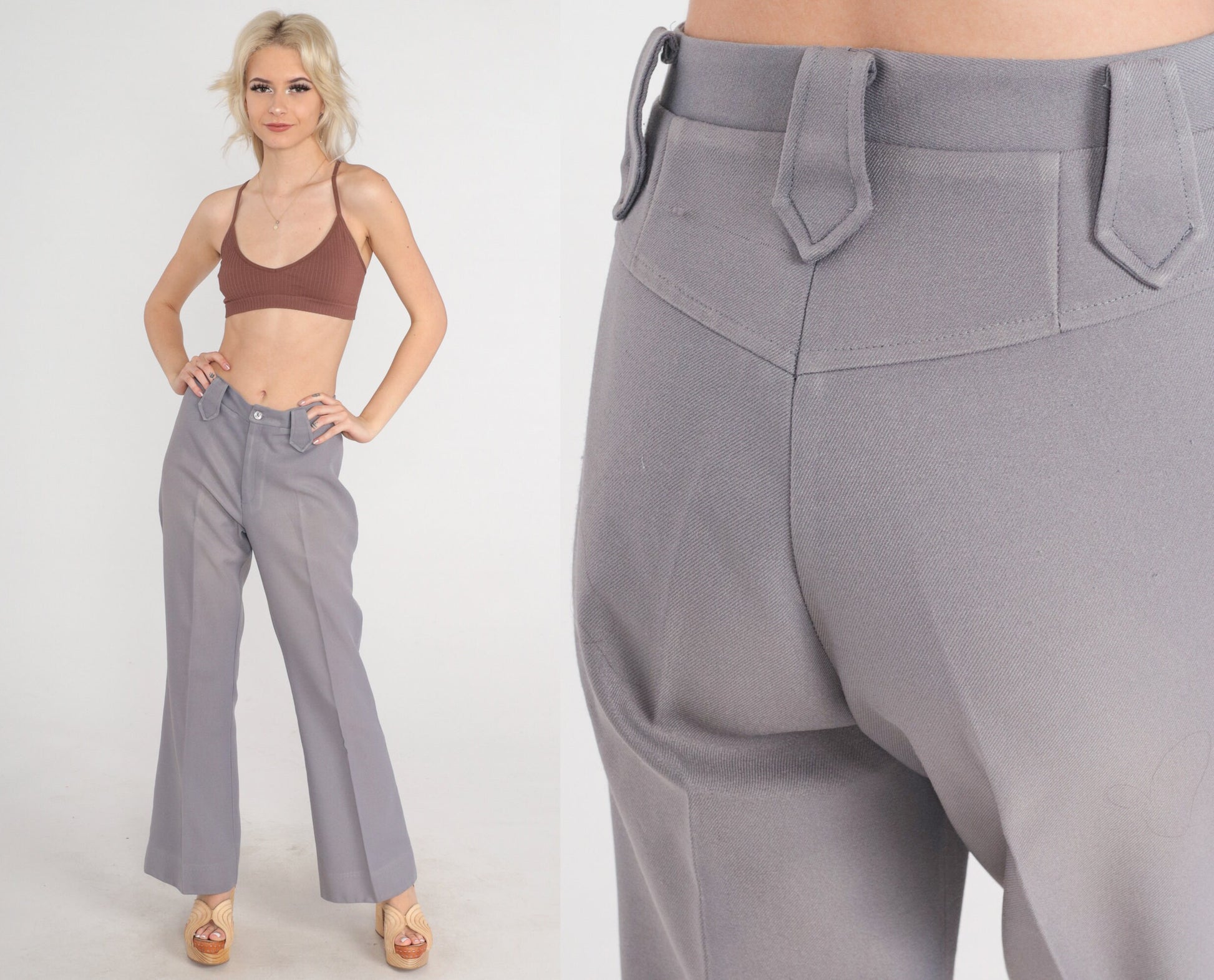 70s Grey Flared Trousers High Waist Creased Leg Vintage Lasso Small