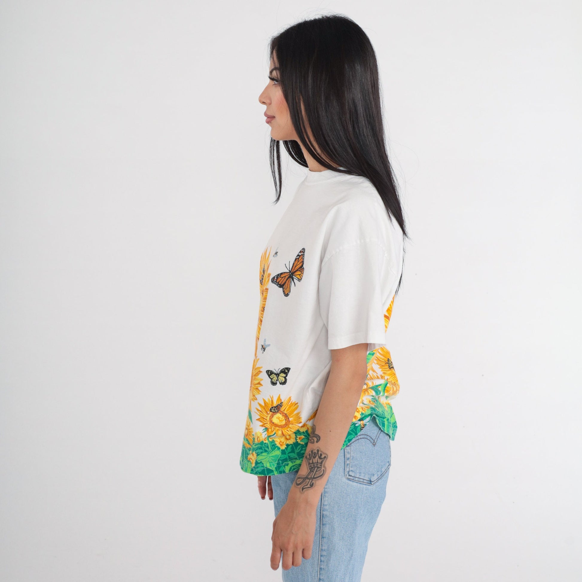 90s Sunflower Bumblebee Butterfly Graphic T-Shirt Cotton Floral Tee Large