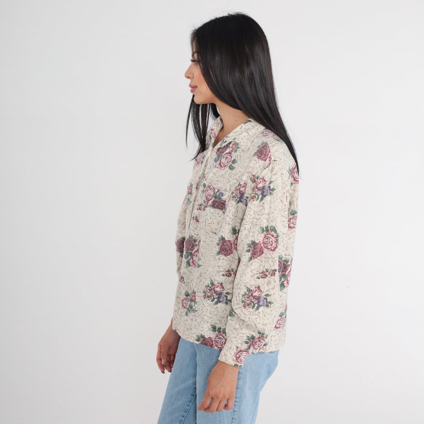 00s Lemon Grass Floral Button-Up Blouse Long Sleeve Collared Shirt Large L