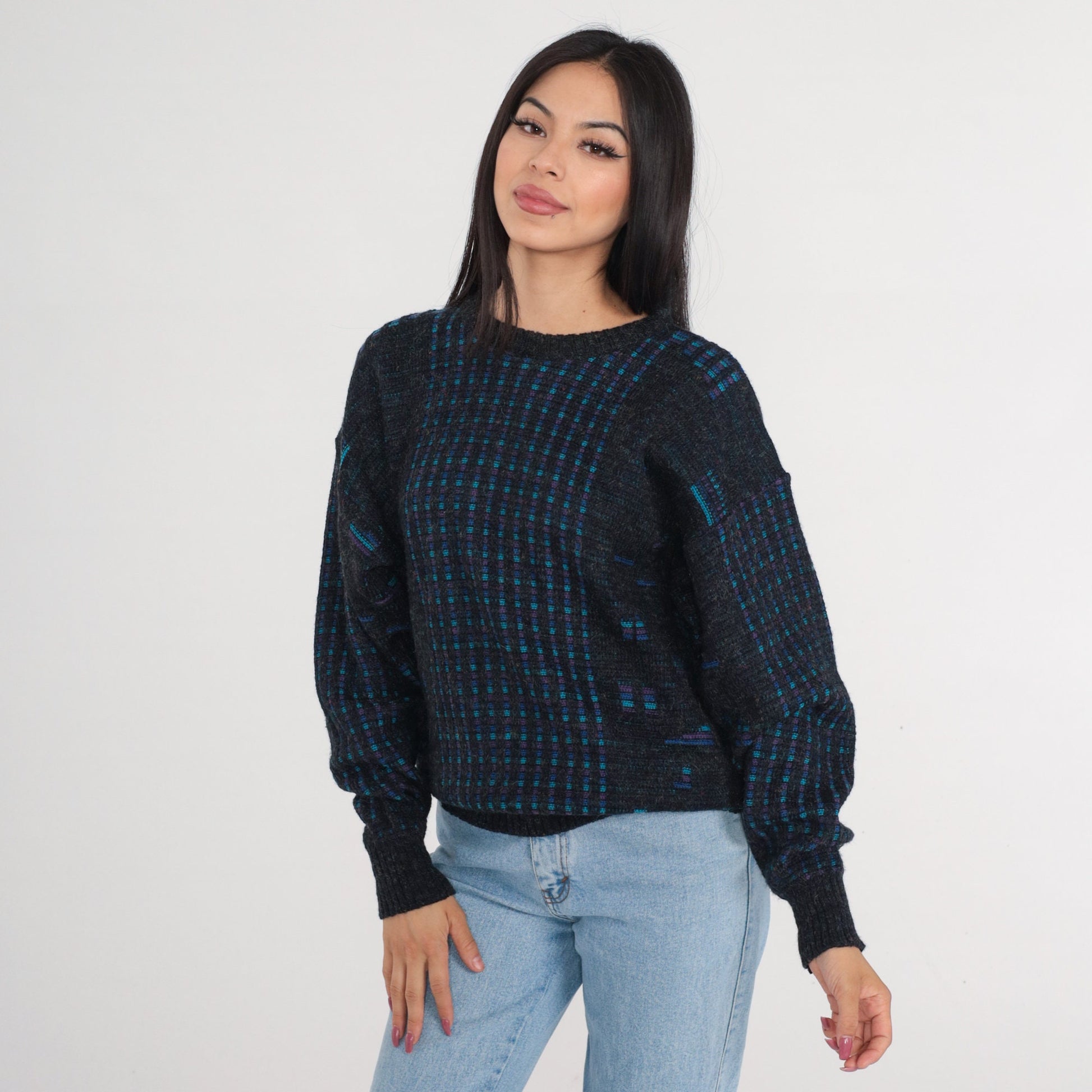 90s Checkered Knit Sweater Dark Grey Blue Purple Pullover Medium M
