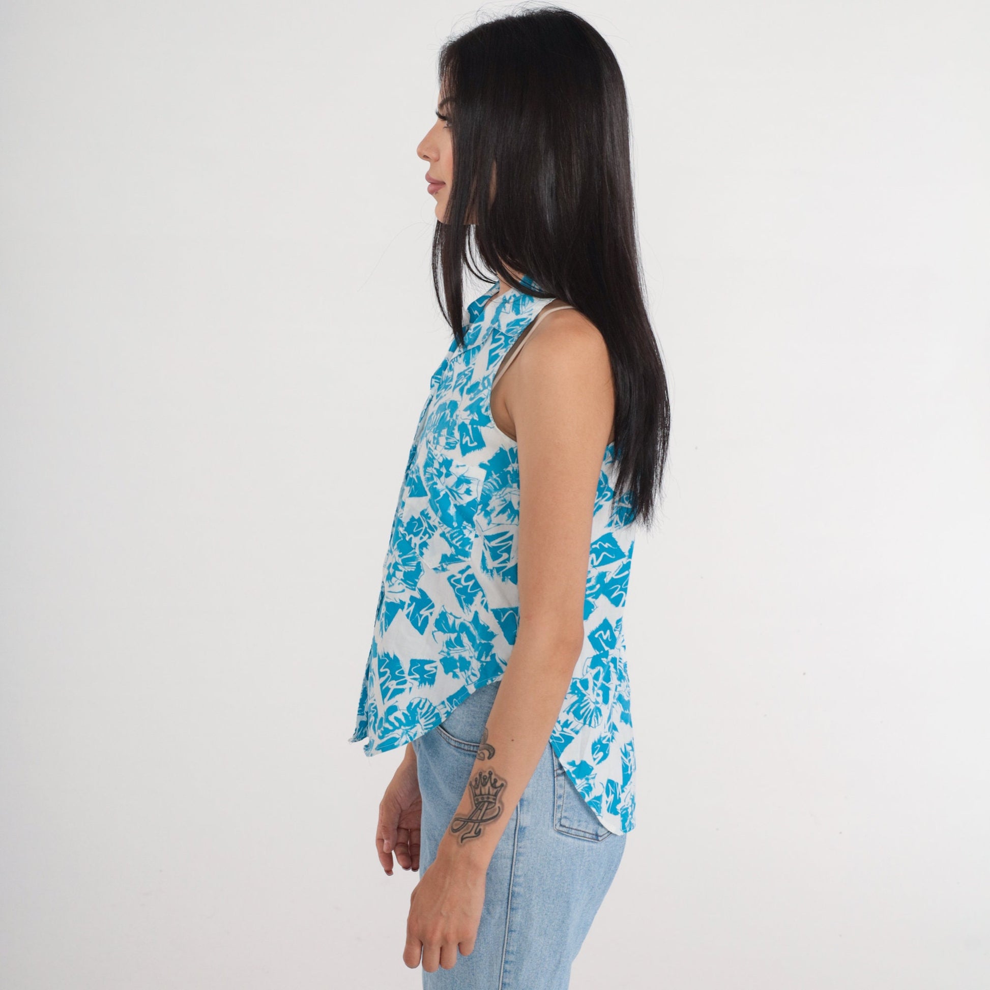 90s White Blue Abstract Print Button-Up Tank Top Small S