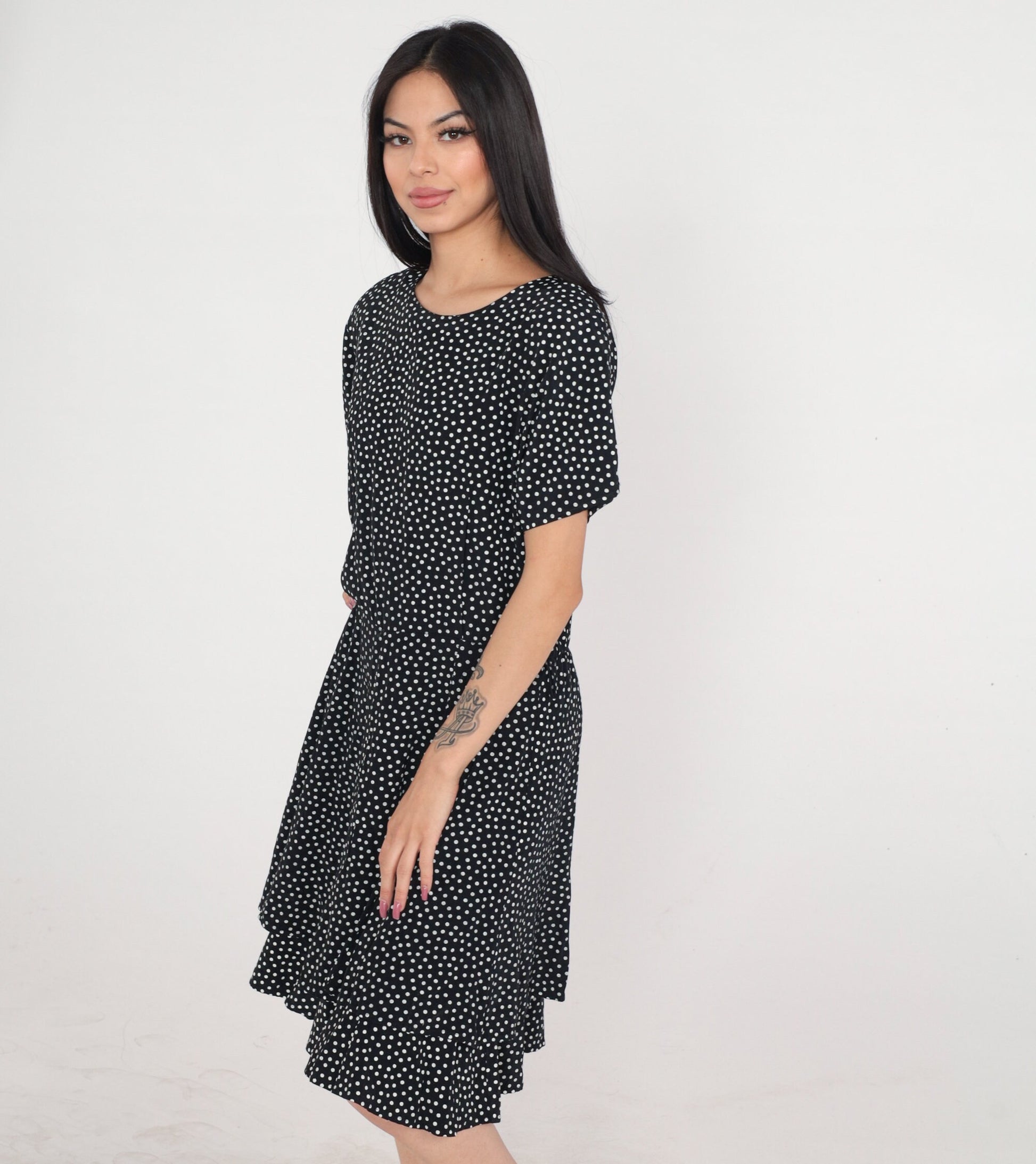 90s Black White Polka Dot Mini Dress High Waisted Skater Short Sleeve Medium